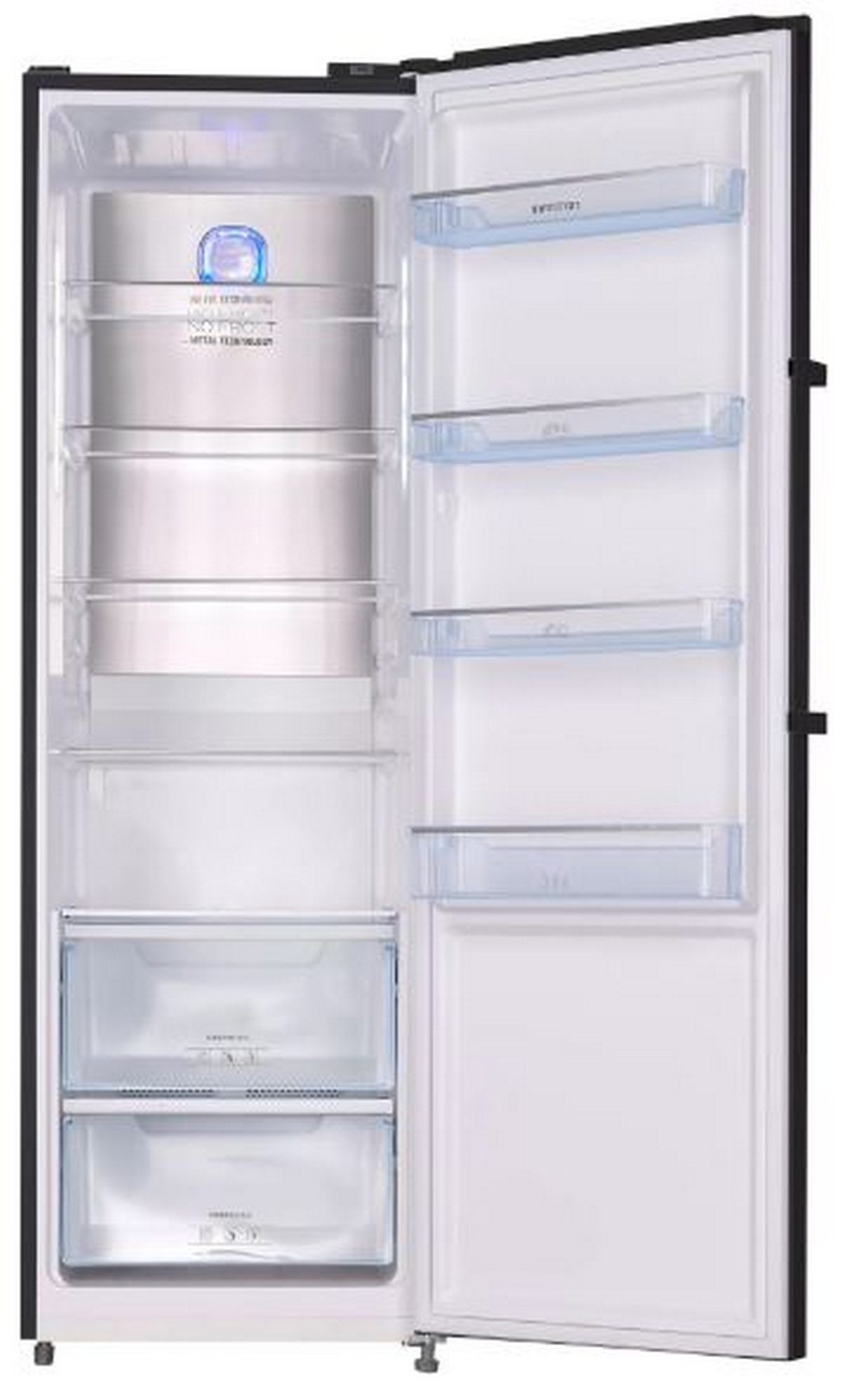Refrigerador abierto, mostrando estantes, cajones e iluminación interior.