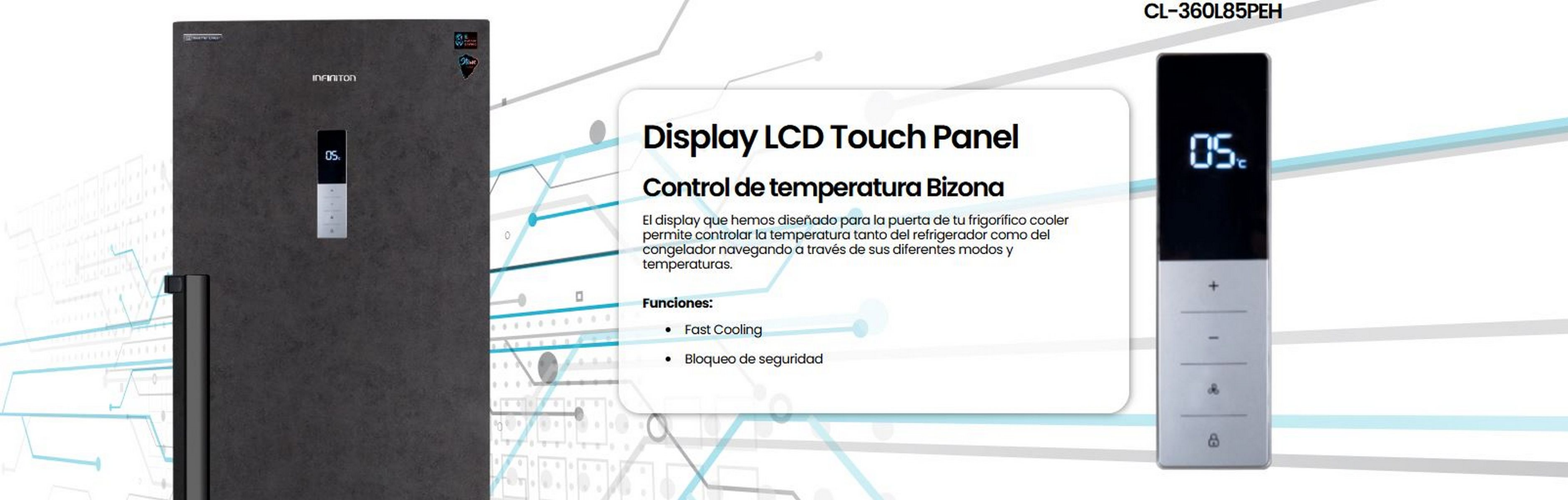 Frigorífico negro con panel de visualización digital, que muestra las opciones de control de temperatura y funciones clave.