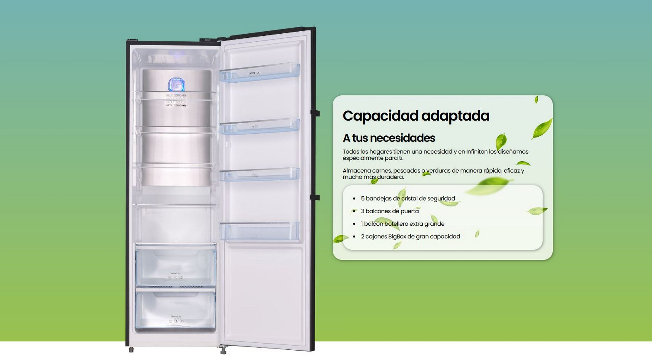 Refrigerador abierto con estantes de vidrio y compartimentos en la puerta. Texto explica características.