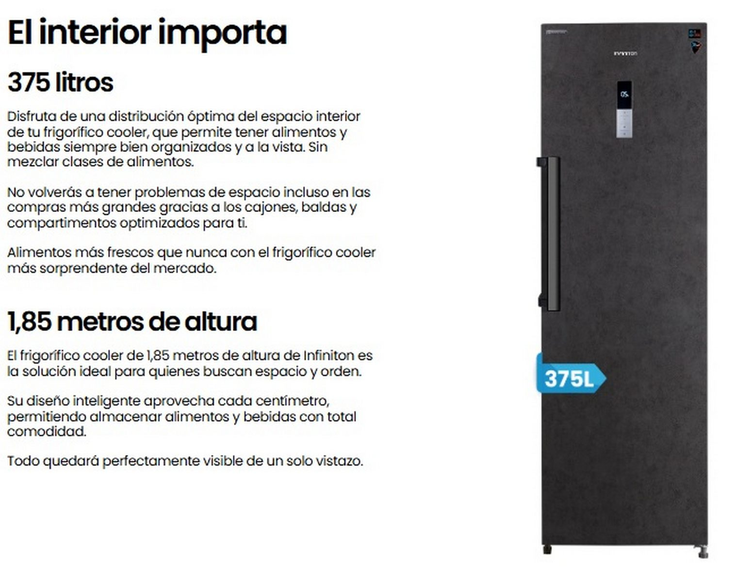 Un refrigerador negro con texto sobre sus características. Es alto.