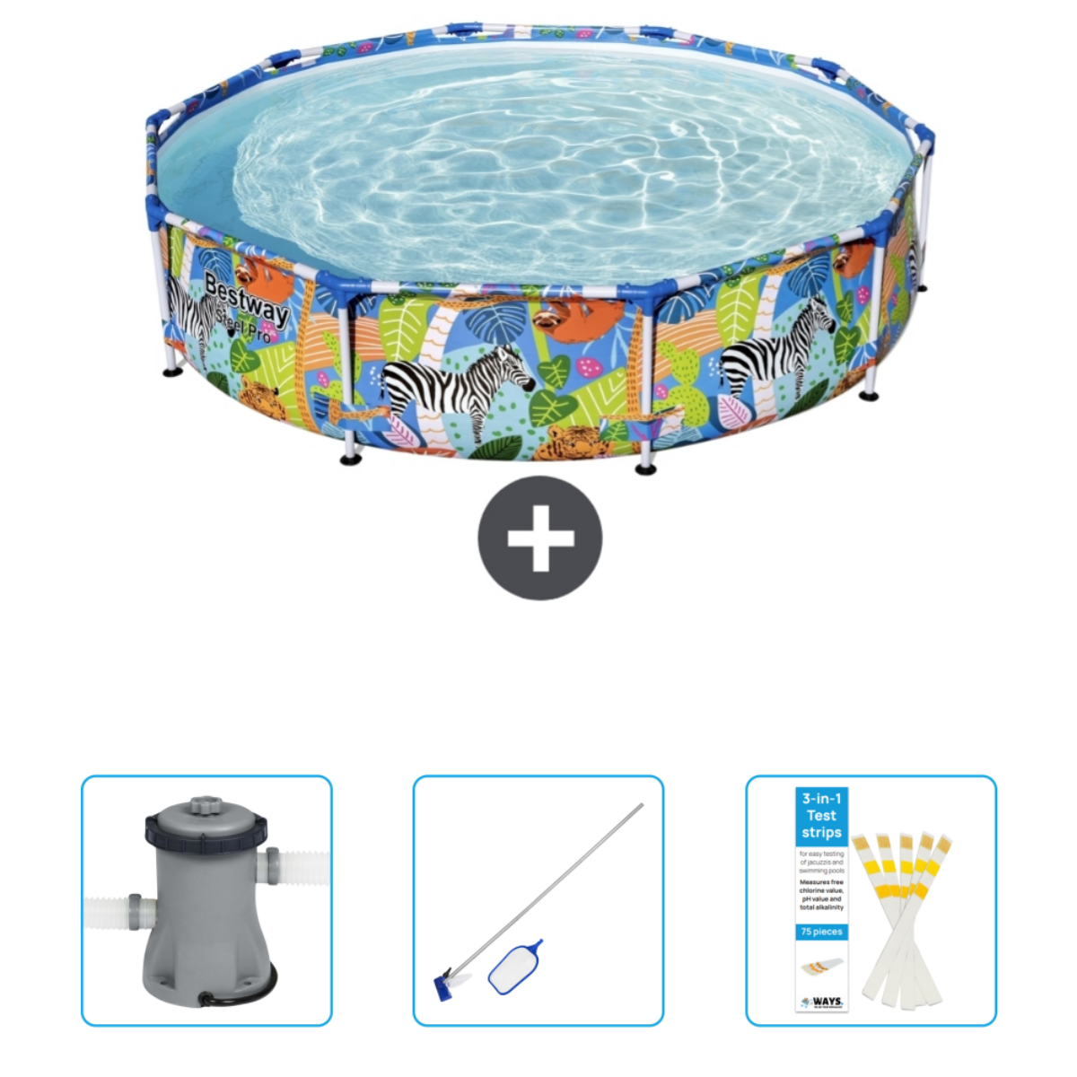 Piscine ronde avec imprimé zèbre. Filtre, écumeur et bandelettes de test également.