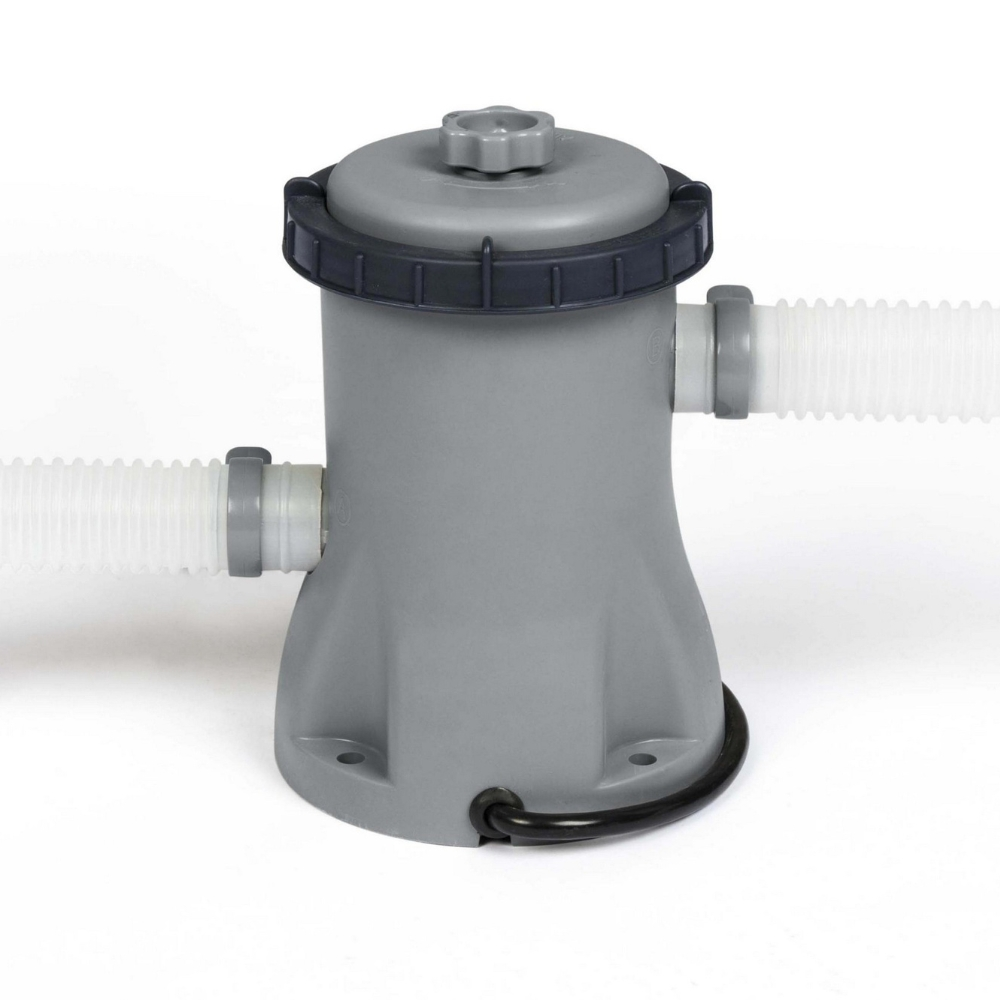 Ein grauer Poolfilter mit zwei weißen Schläuchen. Ein schwarzes Kabel ist sichtbar.
