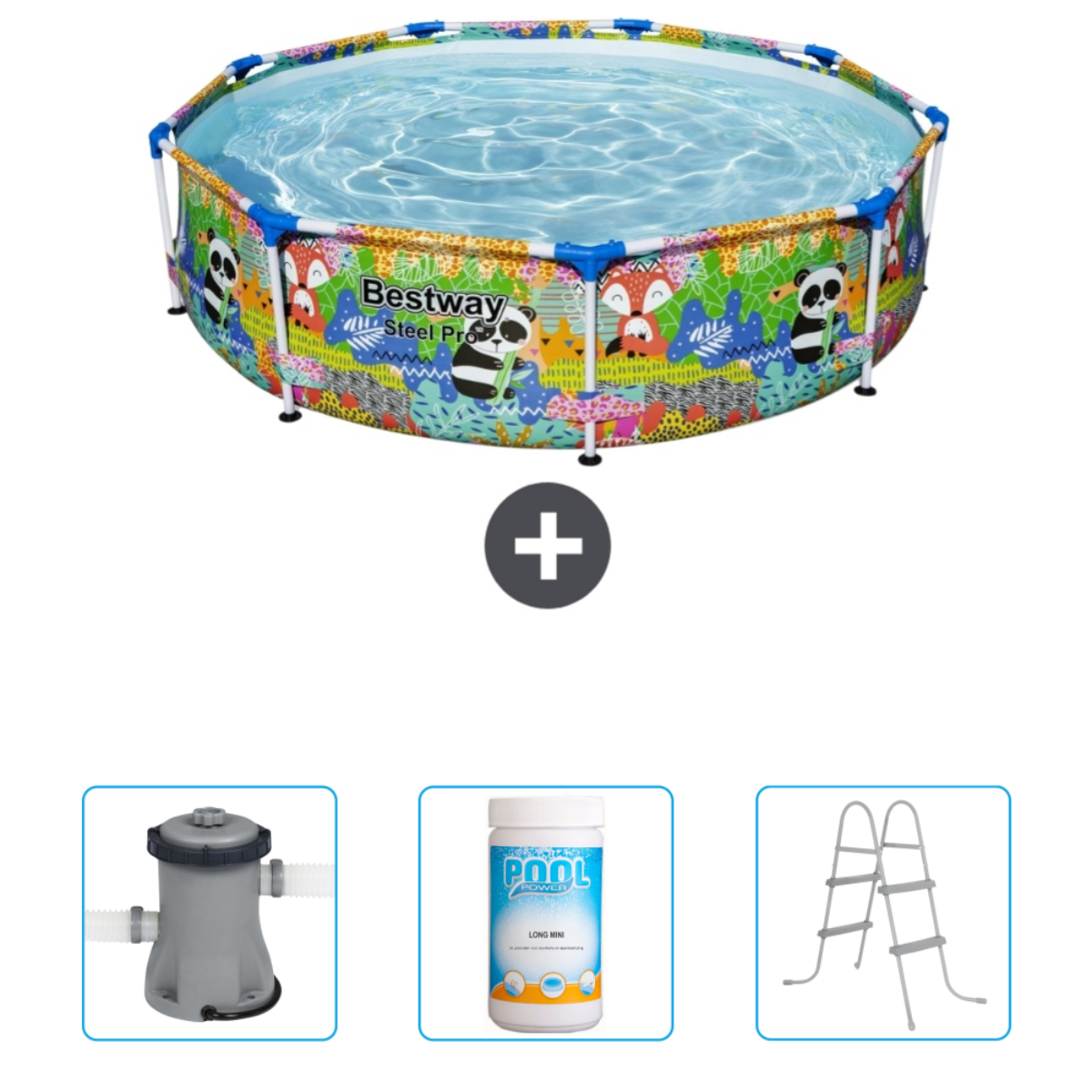 Une piscine ronde avec accessoires: filtre, tablettes de chlore et une échelle.