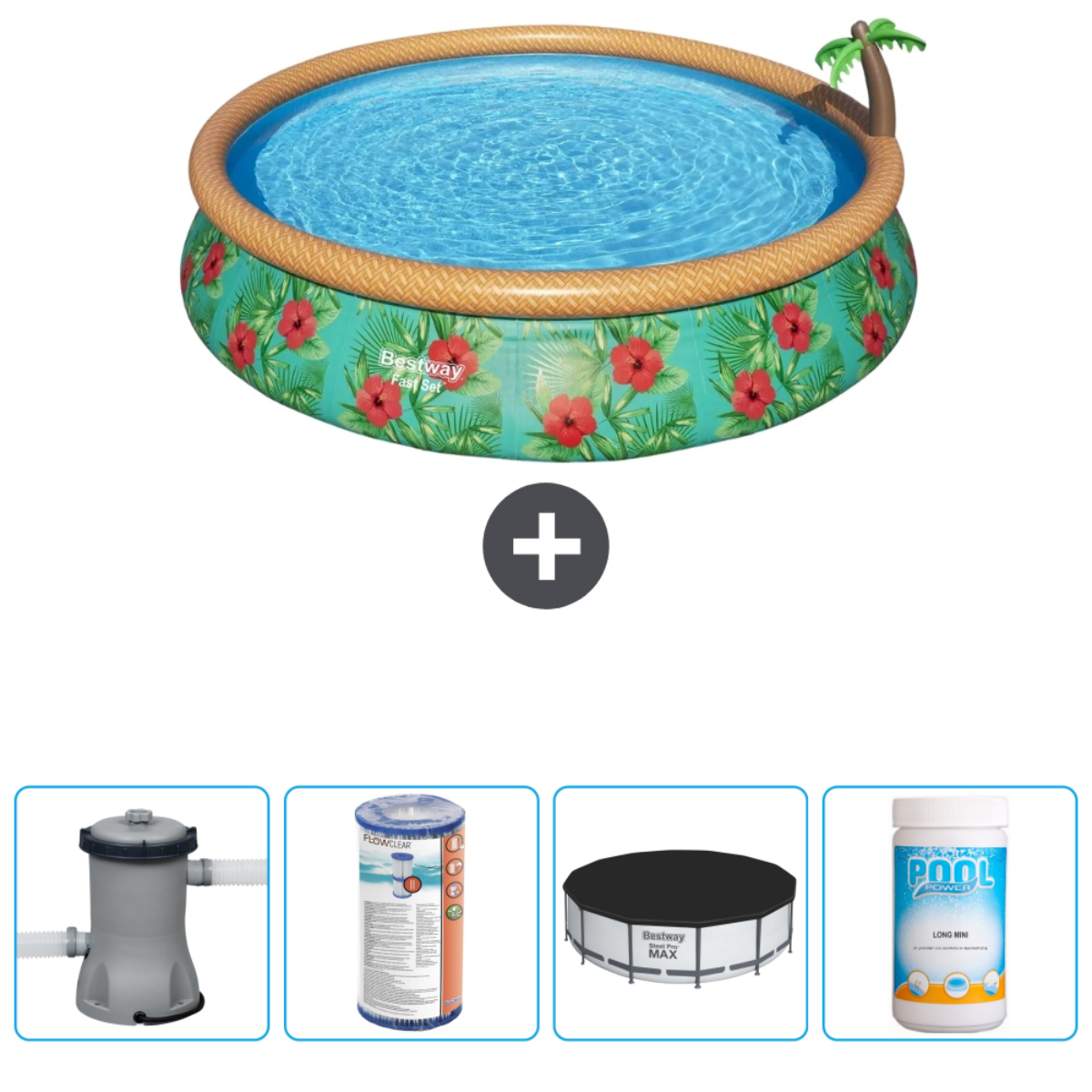 Opblaasbaar zwembad met accessoires: pomp, filter, zwembadafdekking en chemicaliën.