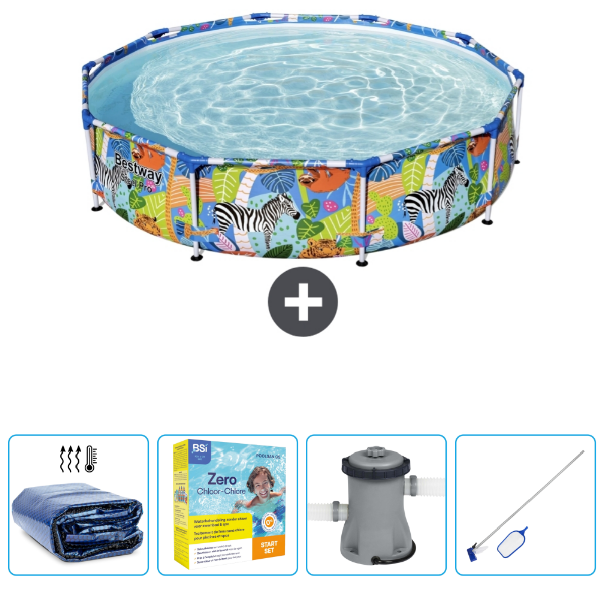 Rond zwembad met blauw water, zebra- en jungle-afbeeldingen. Inclusief een afdekking, filter en andere items.