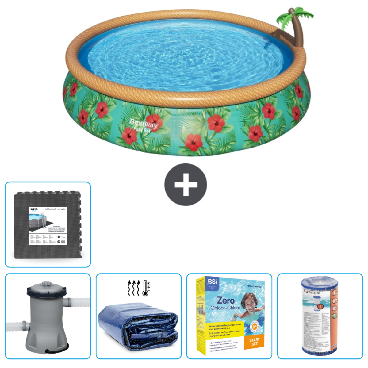 Une piscine, des accessoires de piscine, dont un tapis, un filtre et des produits de nettoyage.