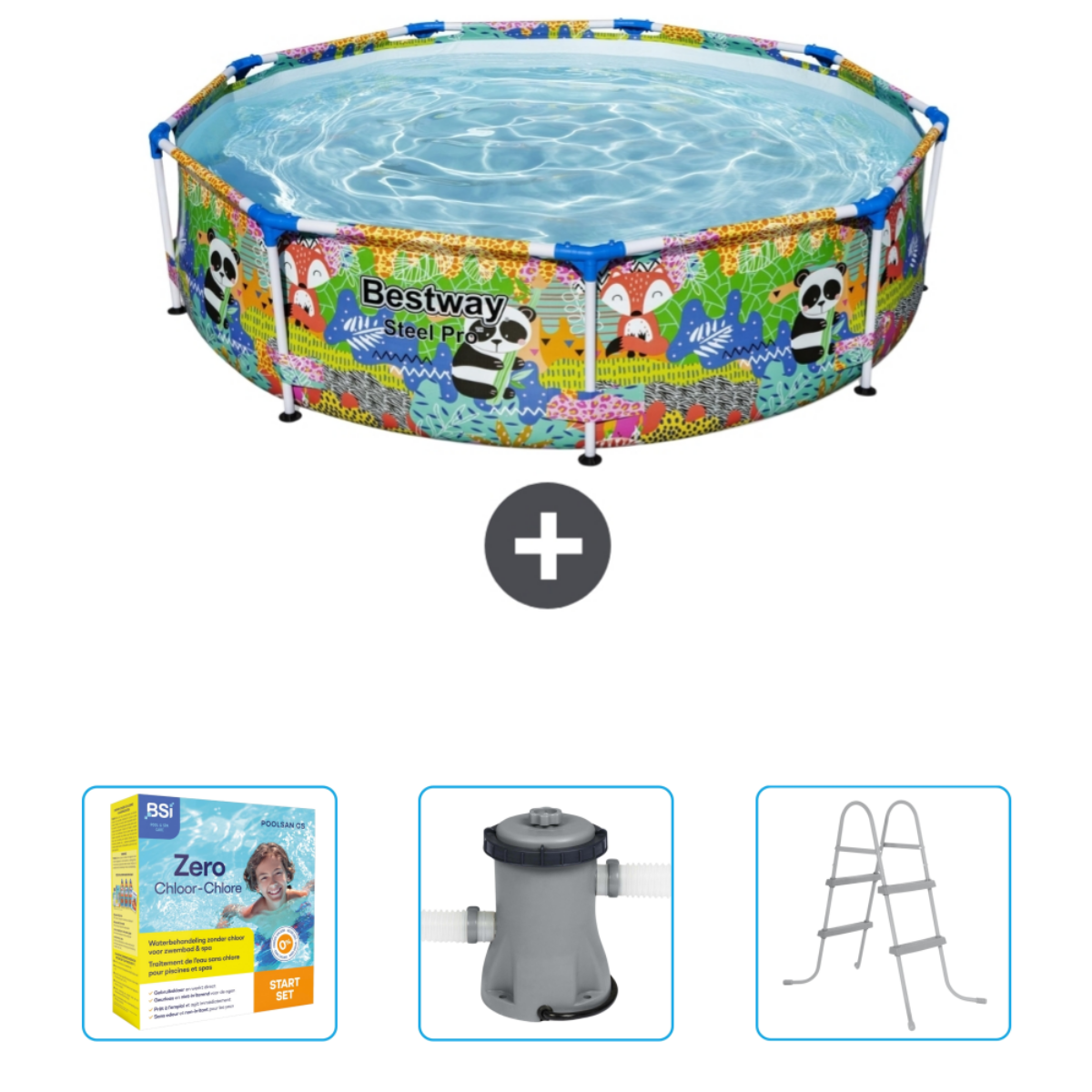 Een zwembad met accessoires, waaronder een filterpomp, chloor en een ladder.