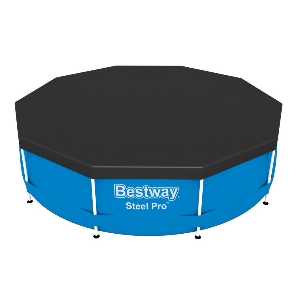 Piscine hors sol avec une bâche noire. La piscine est bleue et blanche avec une étiquette Bestway Steel Pro.