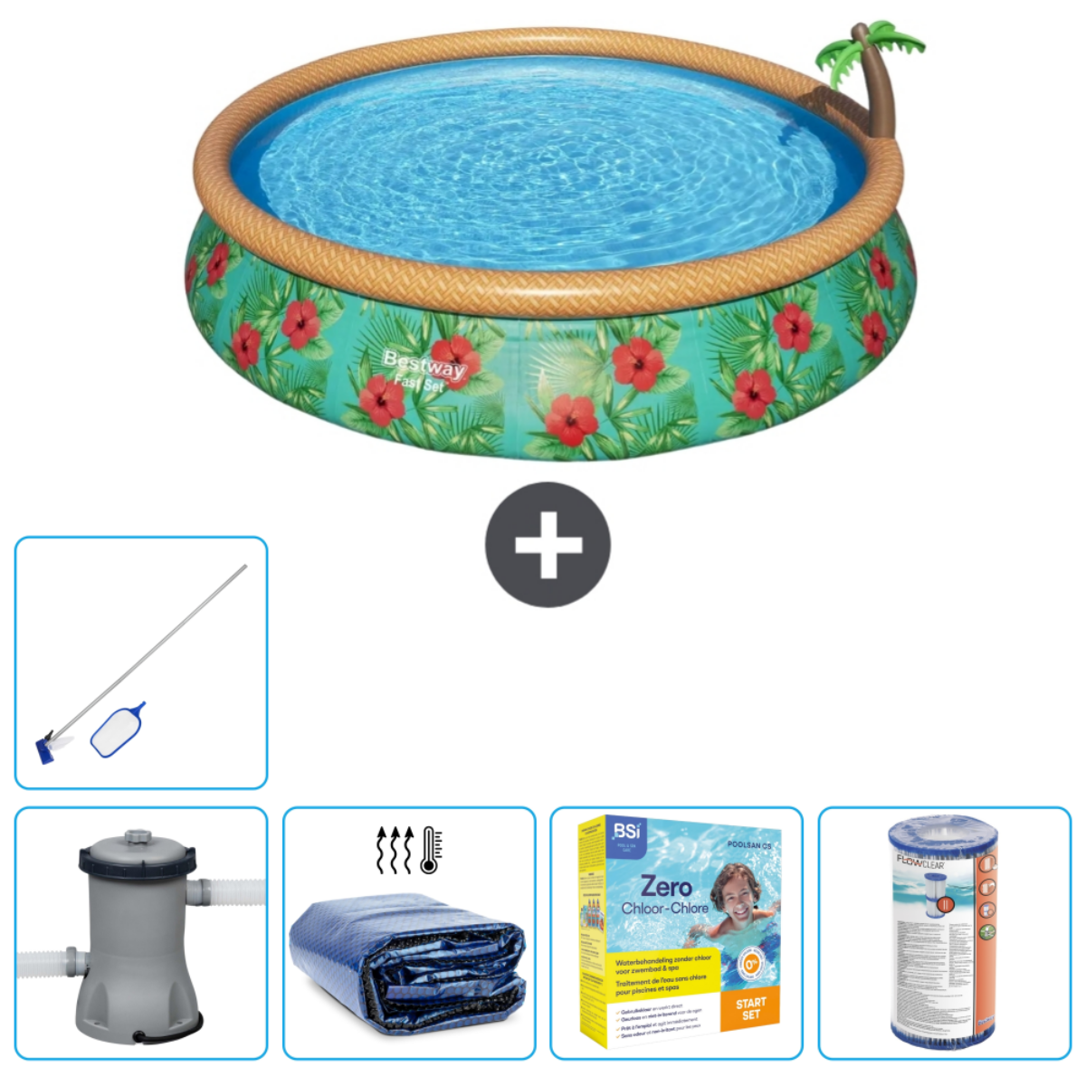 Une piscine, des accessoires de piscine, dont une épuisette, un filtre et des produits de nettoyage.