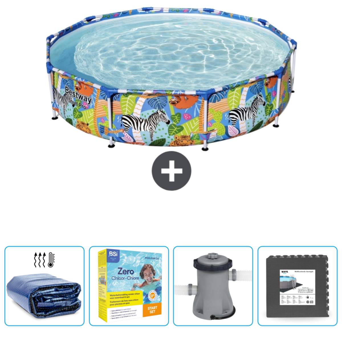 Rond zwembad met zebra- en junglepatroon. Inclusief zwembadafdekking, chloortabletten en filtersysteem.