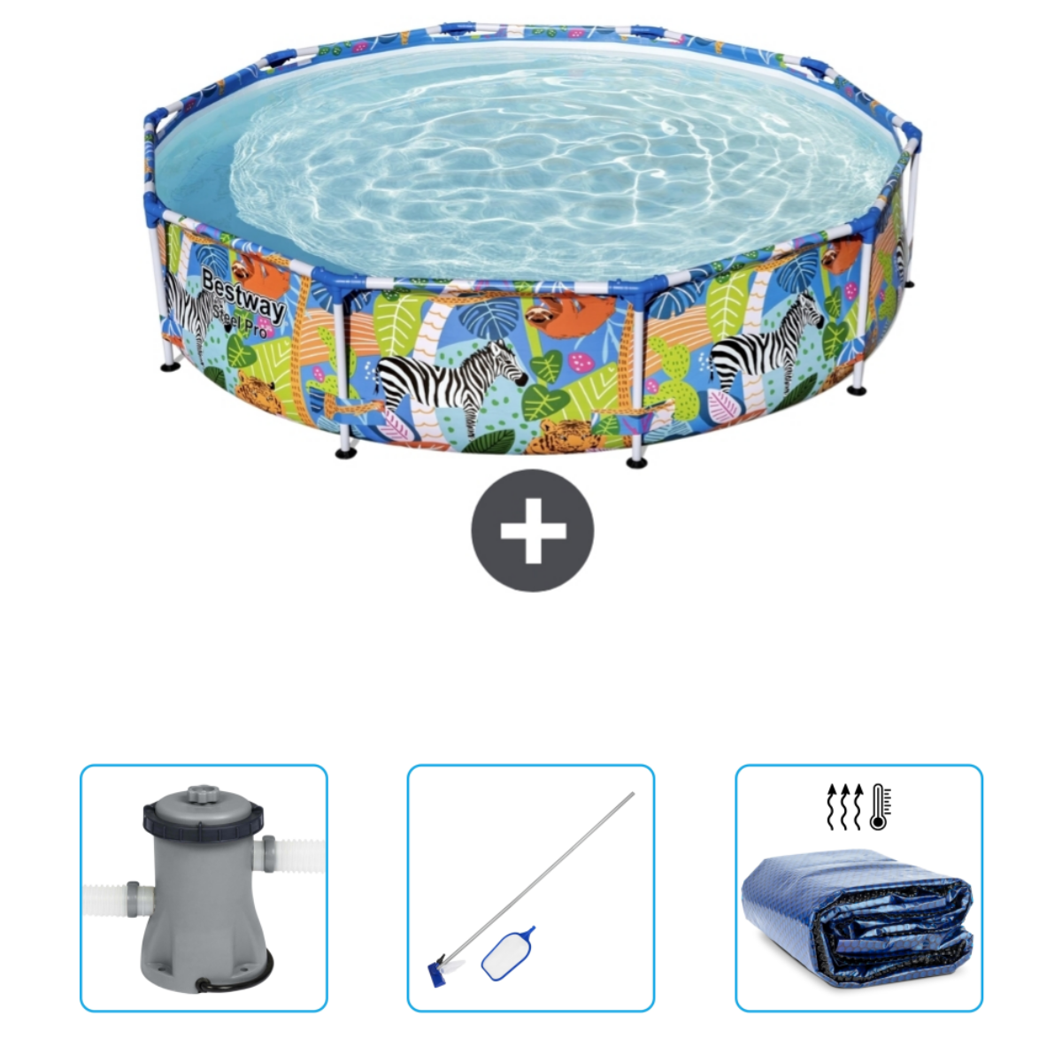 Rond zwembad met dierendesign, met accessoires.