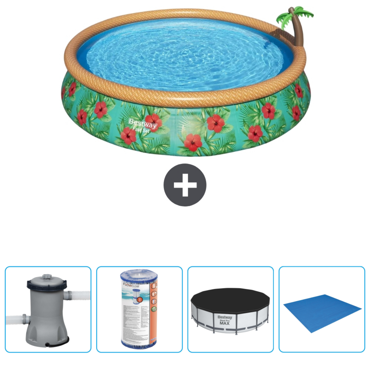 Rond zwembad met blauw water, bloemenontwerp. Inclusief filter, afdekking en andere zwembadaccessoires.