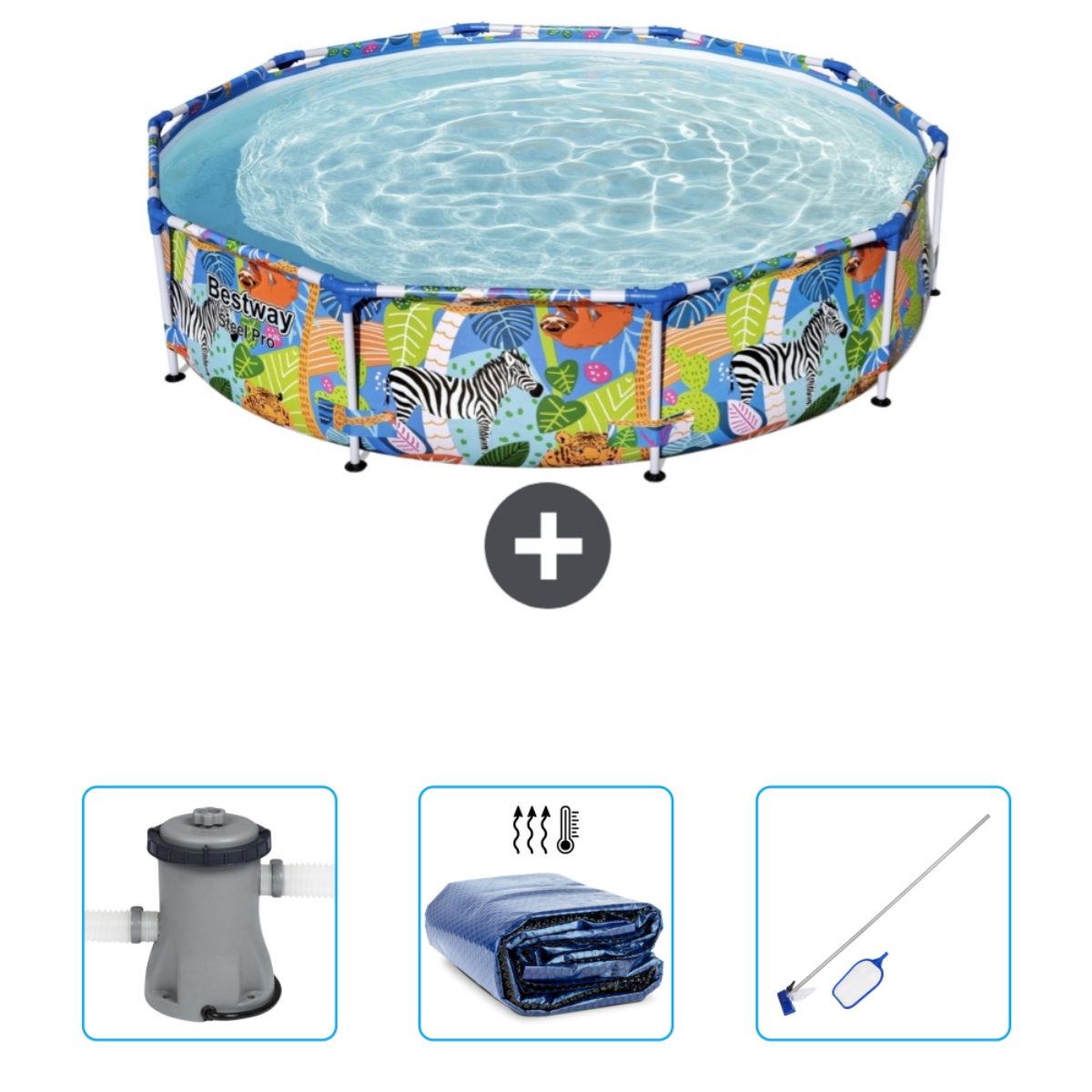 Une piscine Bestway avec accessoires, dont un filtre, une couverture et un écumoire.