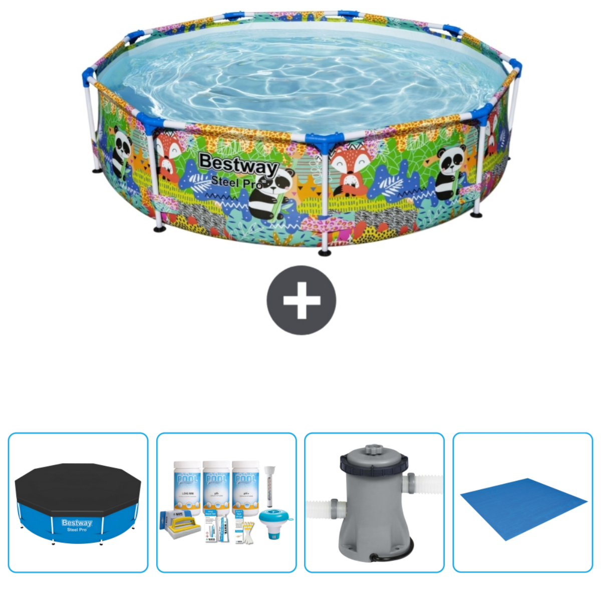Een bovengronds zwembad met een kleurrijk dierenprintontwerp wordt getoond met verschillende accessoires.