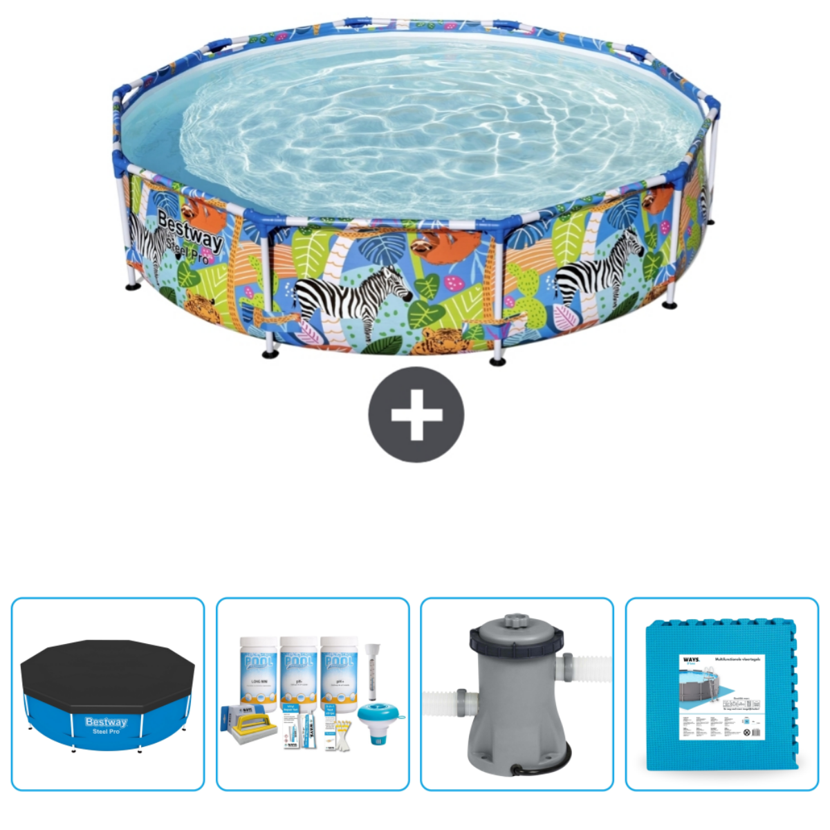 Une piscine hors sol avec des graphismes de zèbres et de jungle. Comprend une bâche, des produits chimiques, une pompe et un tapis.