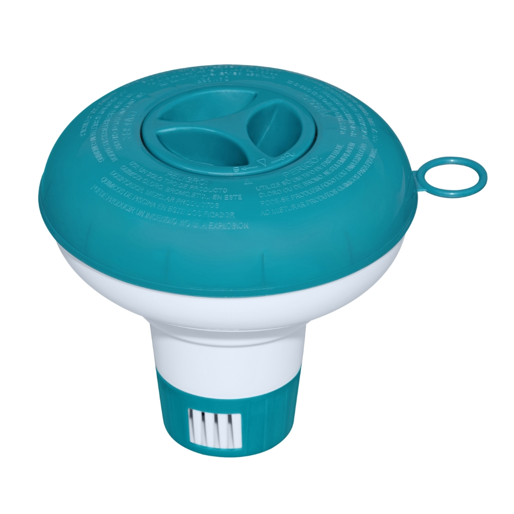 Een drijvende zwembadchemicaliën dispenser. Hij is zeegroen en wit.