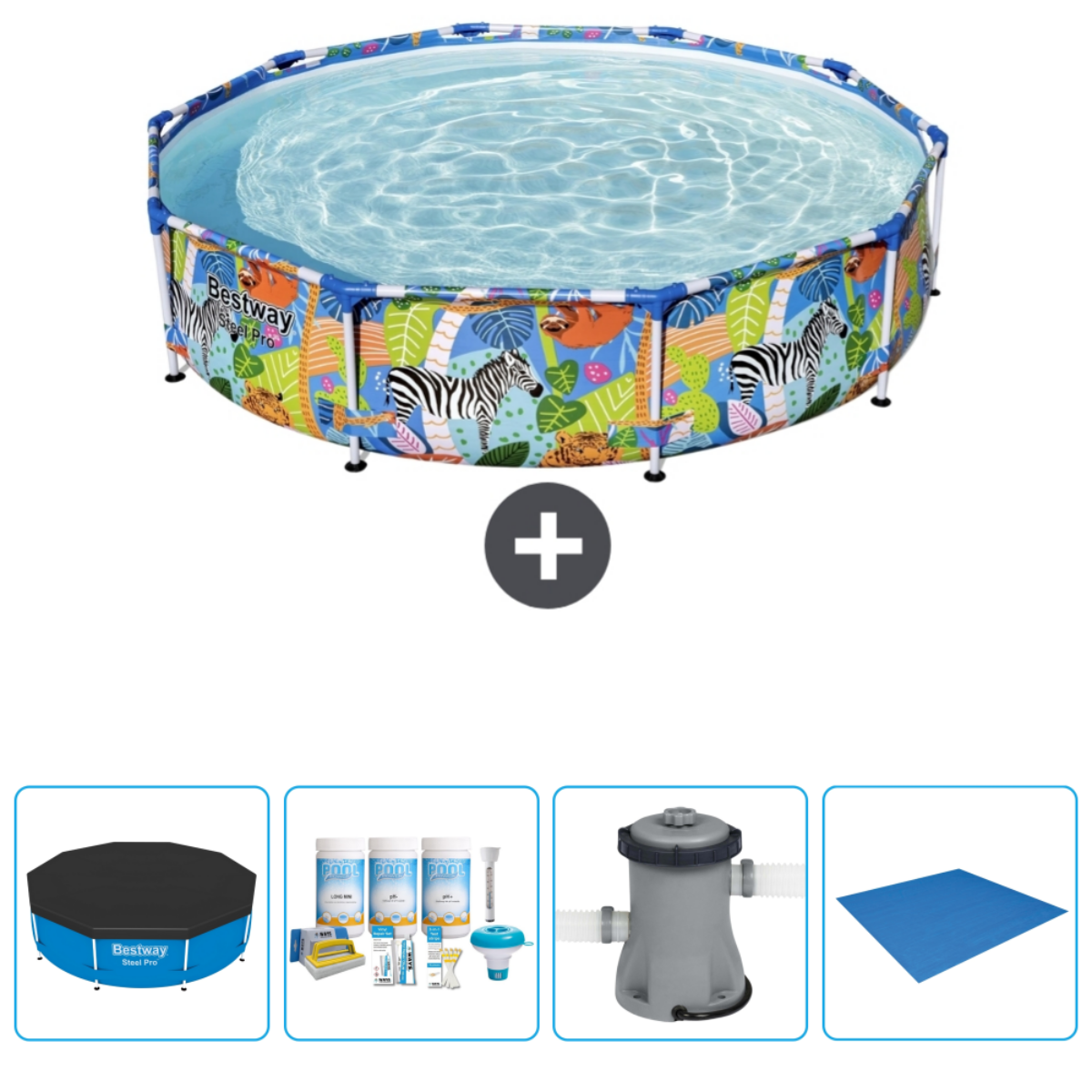 Een Bestway zwembad met accessoires, waaronder een afdekking, schoonmaakmiddelen en filter.