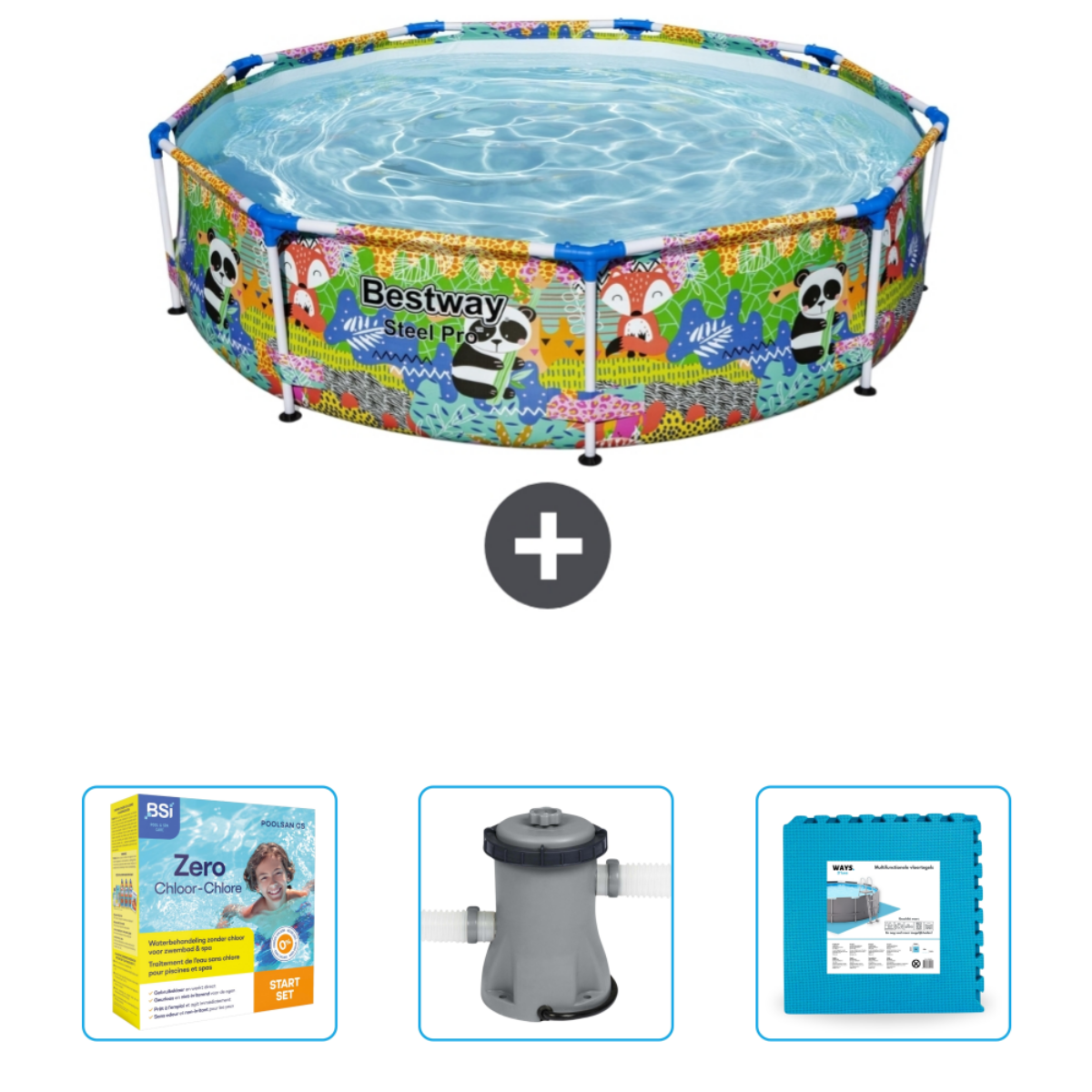 Ronde pool met een cartoonprint. Artikelen in de afbeelding zijn een filter en Zero Chlorine.