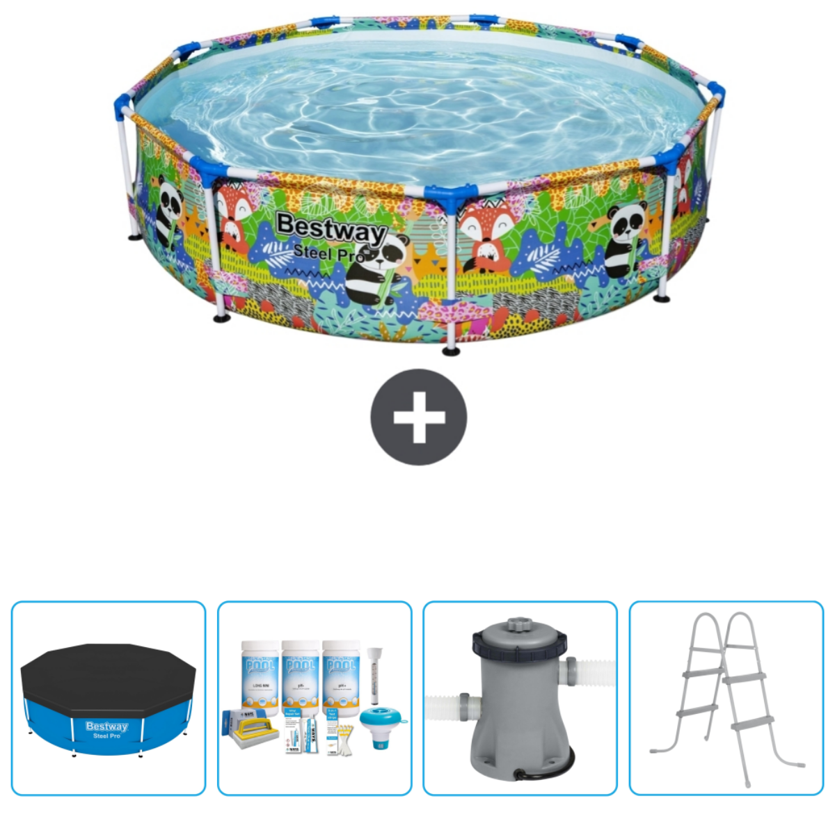 Un kit de piscine avec piscine, couverture, produits chimiques, filtre et échelle.