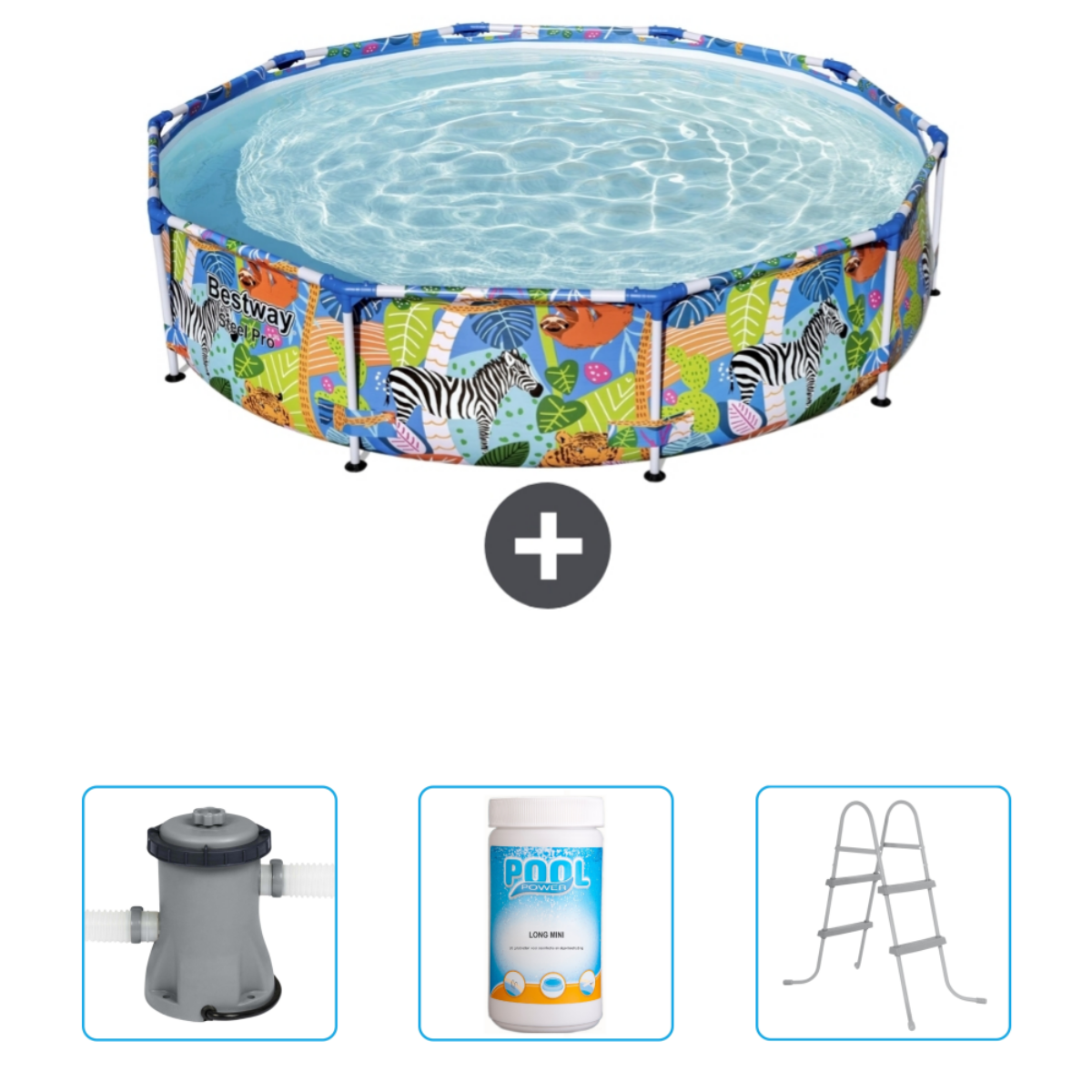 Une piscine Bestway avec accessoires, dont un filtre, des produits chimiques de nettoyage et une échelle.