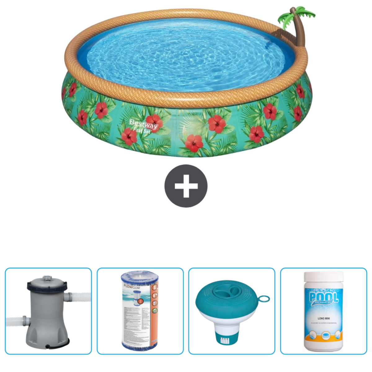 Runder Pool mit Blumendesign und Zubehör: Pumpe, Filter und Pool-Chlor-Spender.