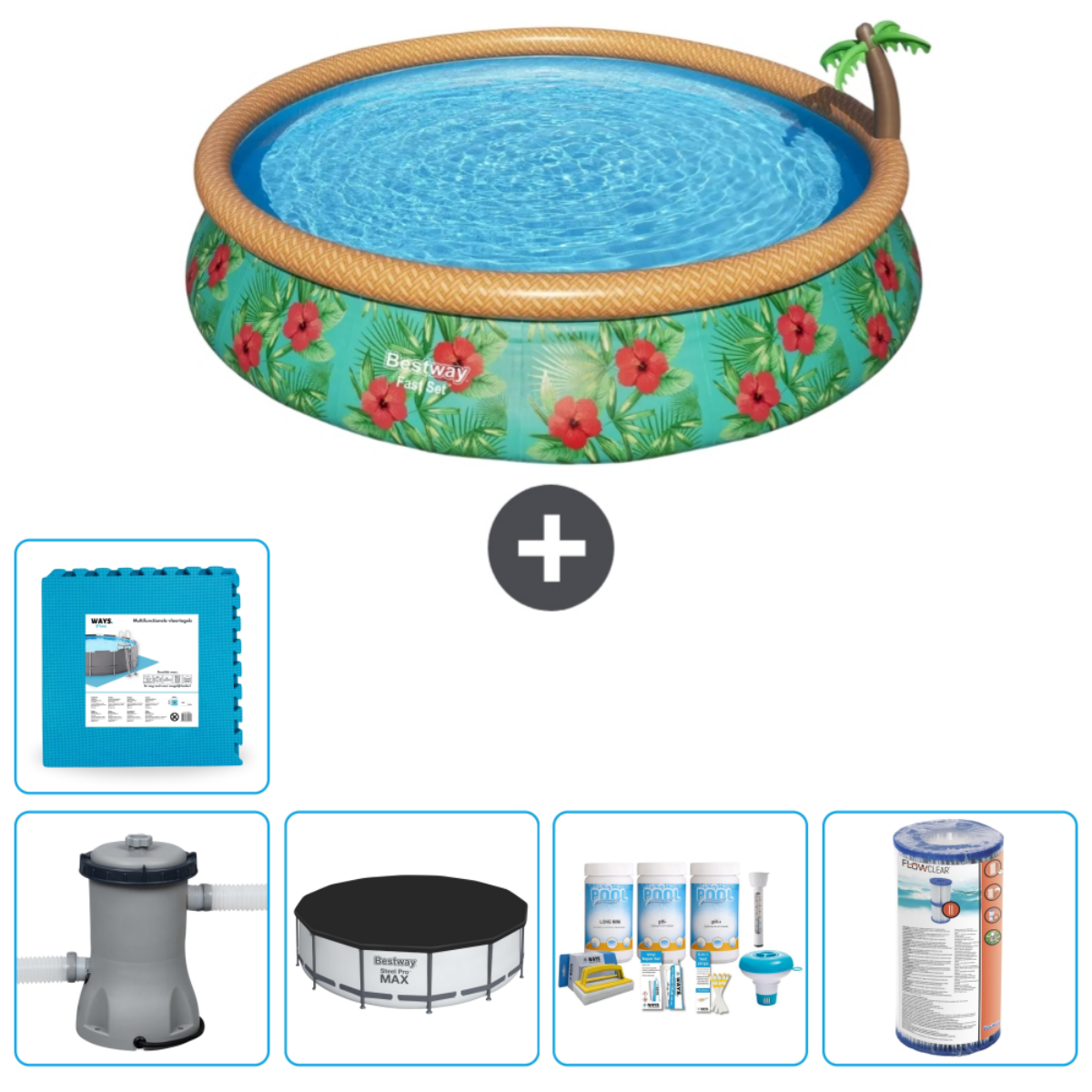Ensemble piscine : Piscine ronde avec eau, accessoires : tapis, filtre, couverture, produits chimiques.
