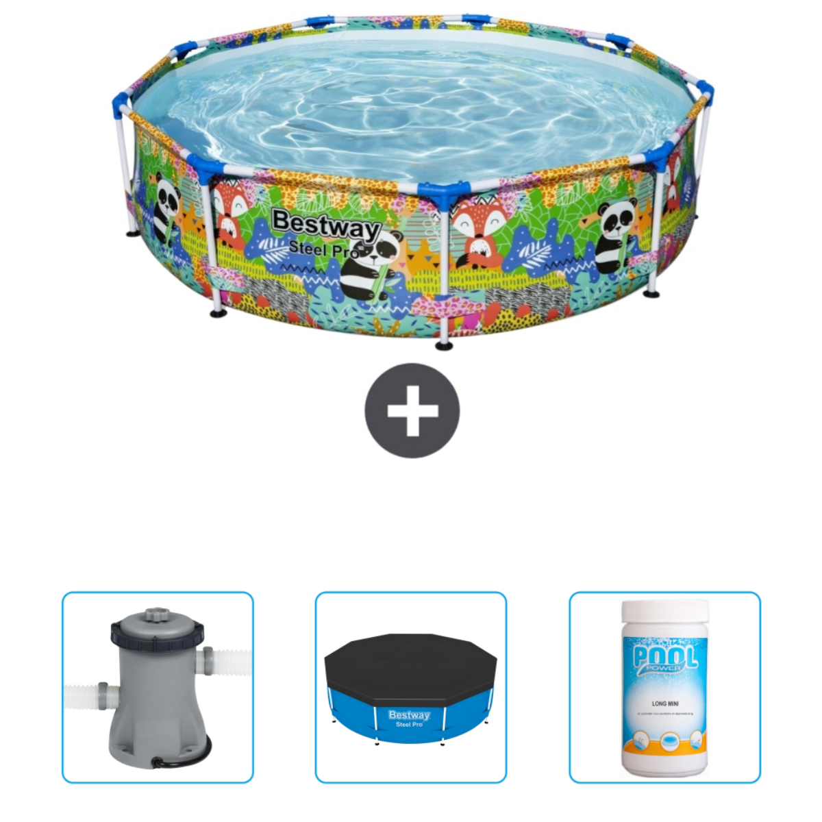Rond zwembad met panda- en junglepatroon. Inclusief filtersysteem, afdekking en chloortabletten.