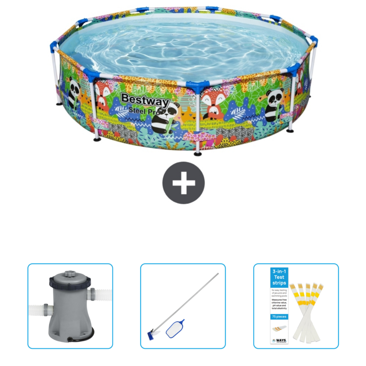 Piscine avec accessoires. Filtre, écumoire et bandelettes de test.