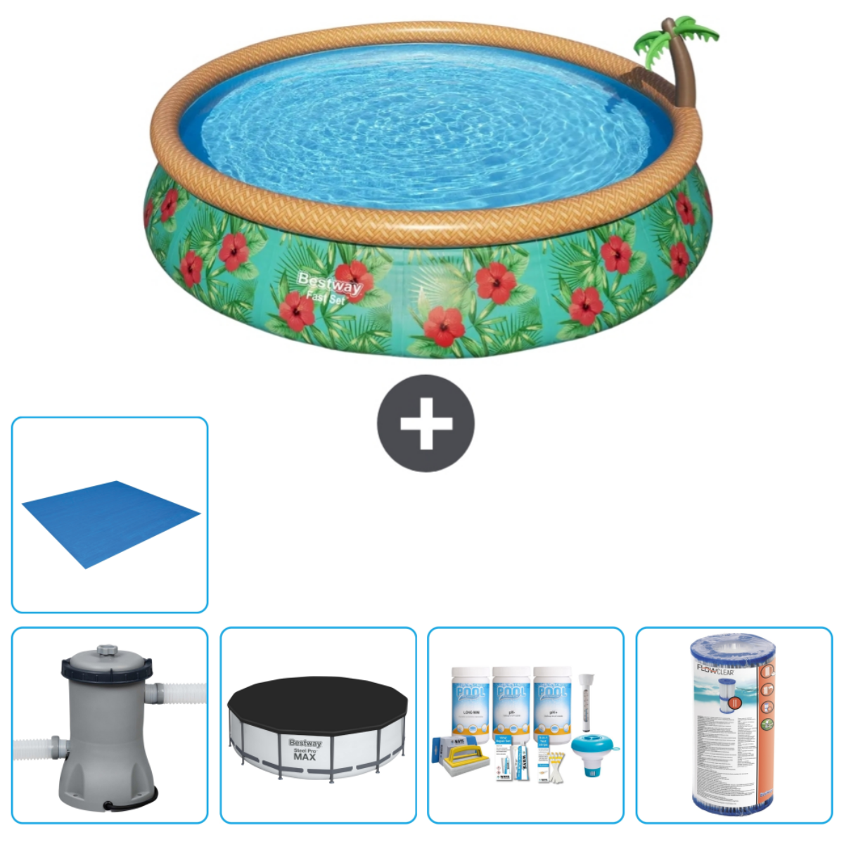 Een zwembadset met een zwembad, filter, afdekking, chemicaliën en andere items.