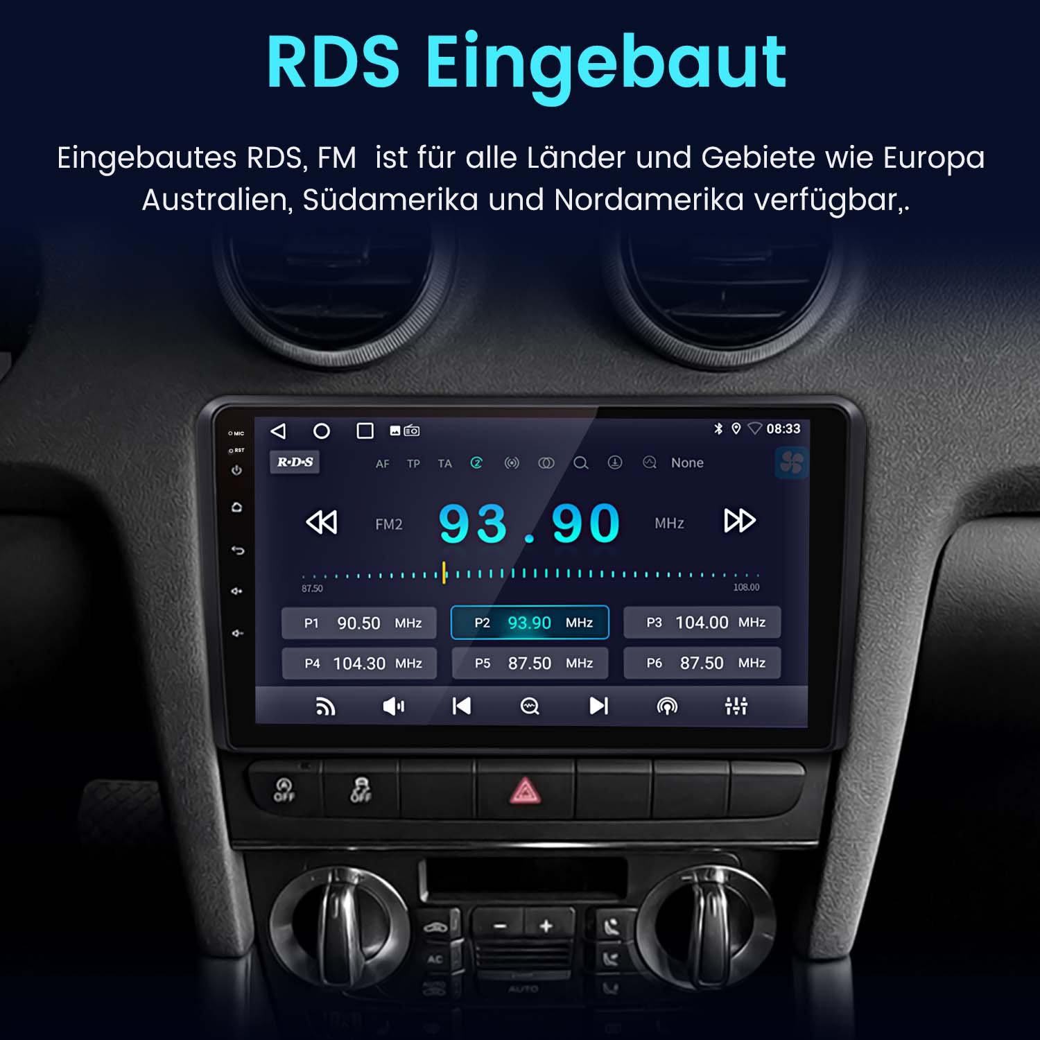 Pantalla de radio de coche que muestra 93,90 MHz, con controles circundantes.
