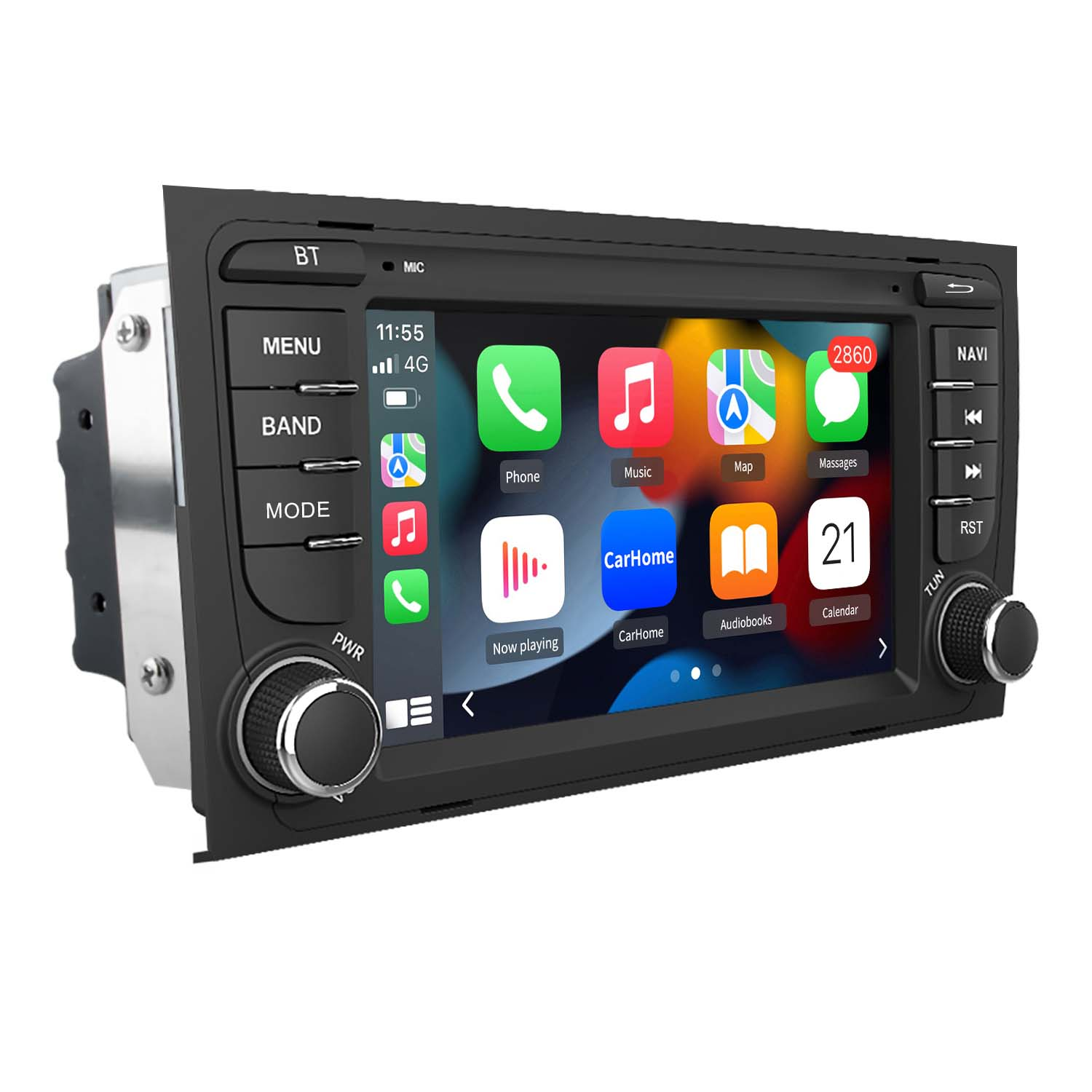 Estéreo de coche con pantalla mostrando iconos de aplicaciones. Tiene botones y perillas.