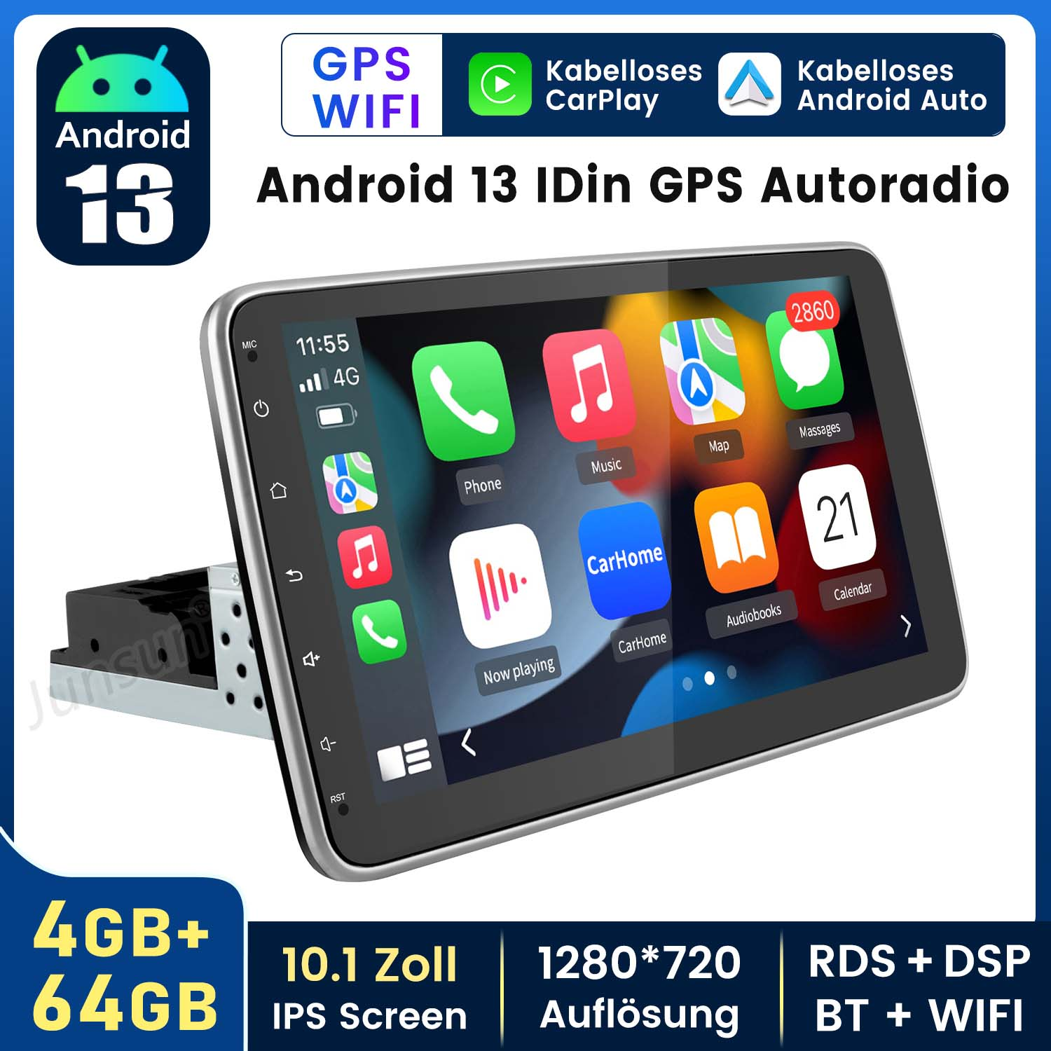 Autoradio Android 13 GPS con pantalla táctil, mostrando iconos de aplicaciones y un reloj.