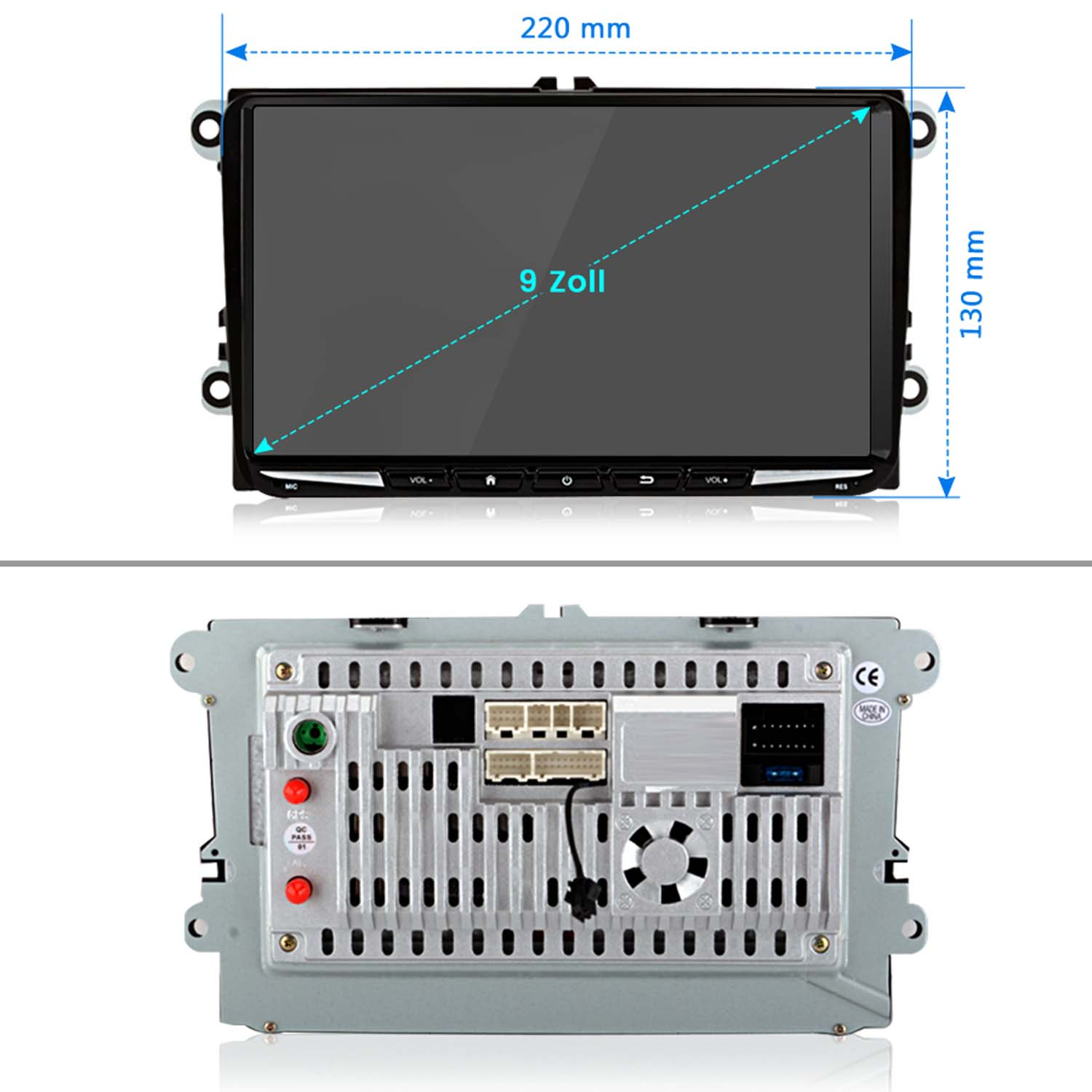 Pantalla de radio de coche con dimensiones. Pantalla negra. Muestra diagonal de 9 pulgadas y 220 mm x 130 mm.