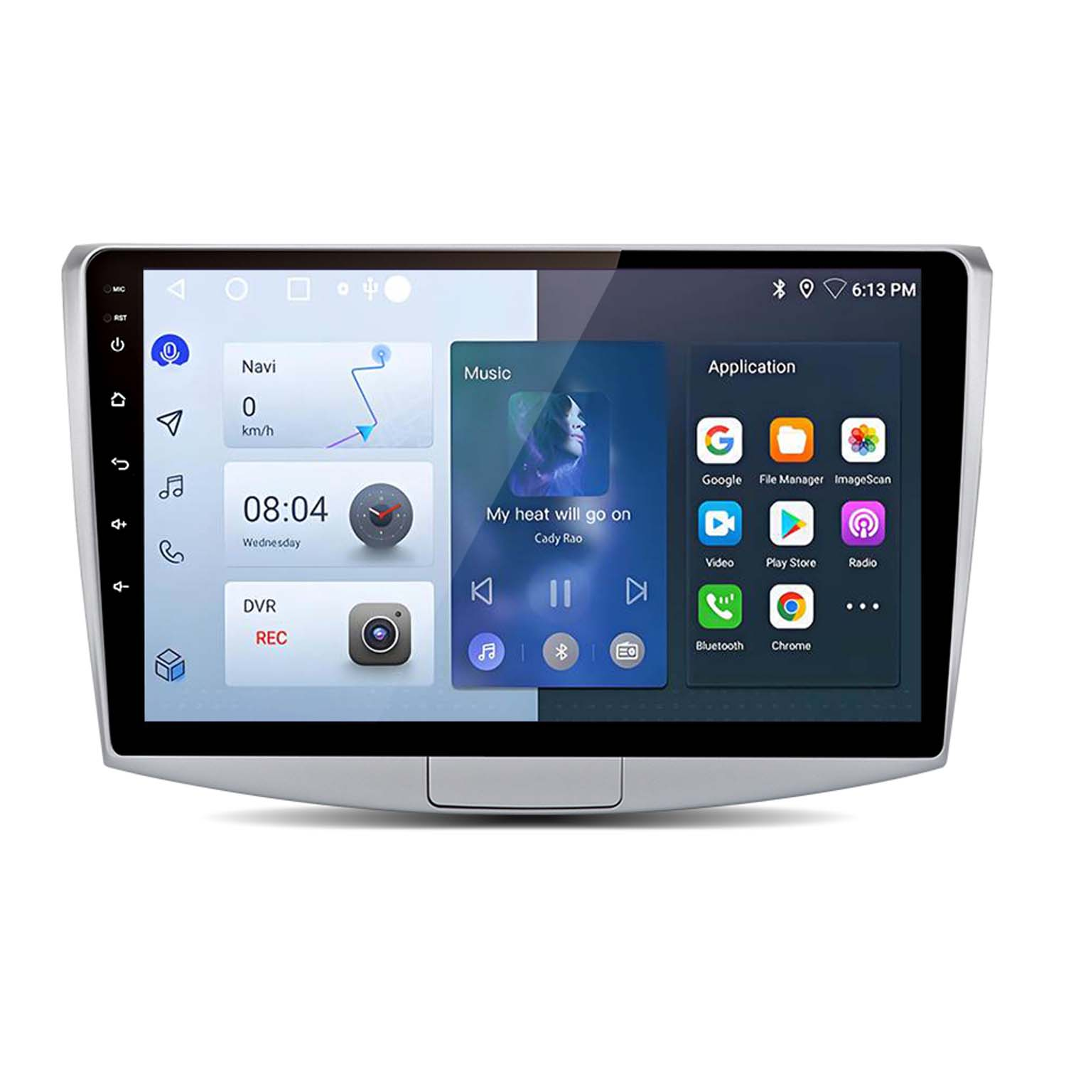 Sistema multimediale per auto che mostra navigazione, musica e icone delle app.