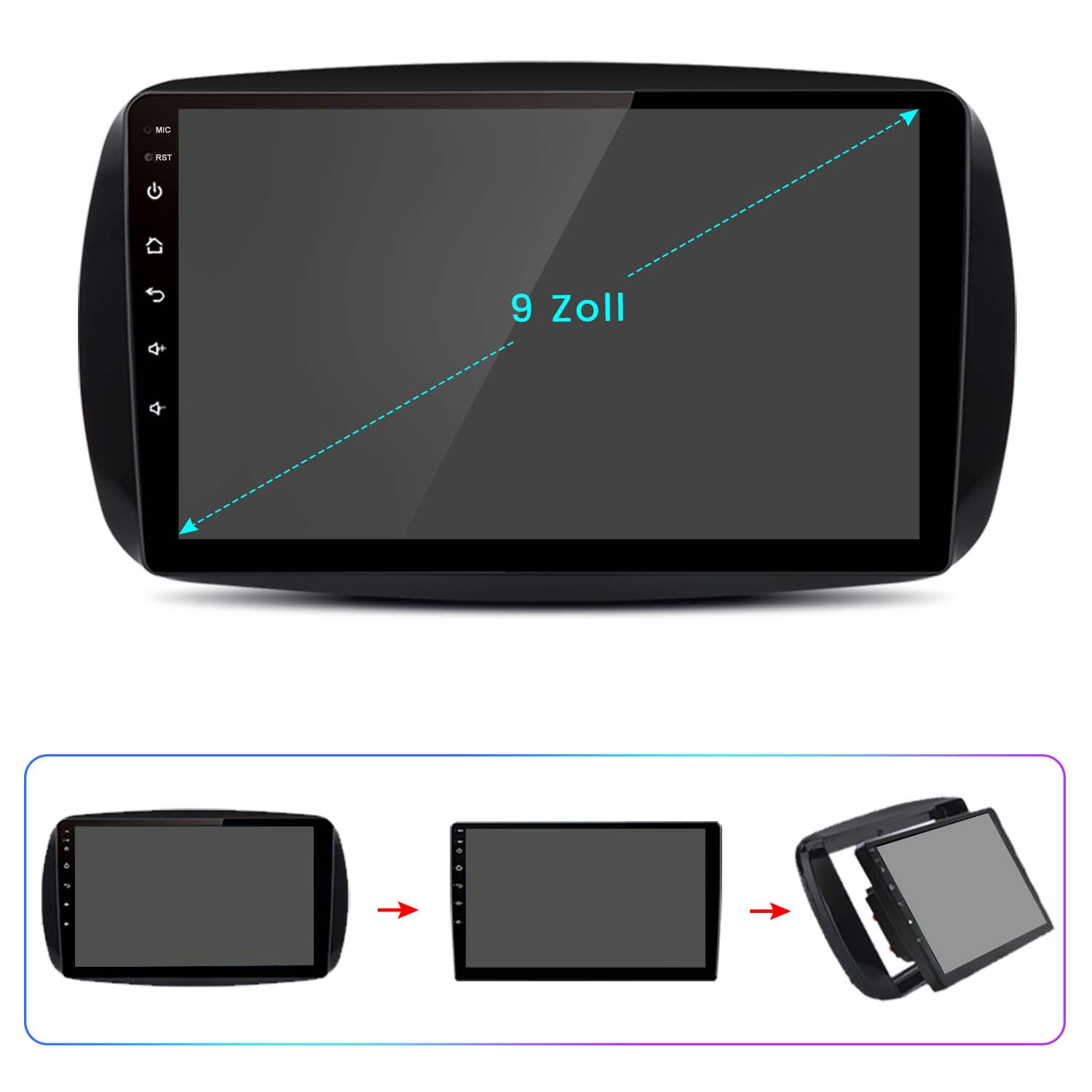 Uno schermo dell'autoradio con un display da 9 pollici e illustrazioni dei passaggi di installazione.