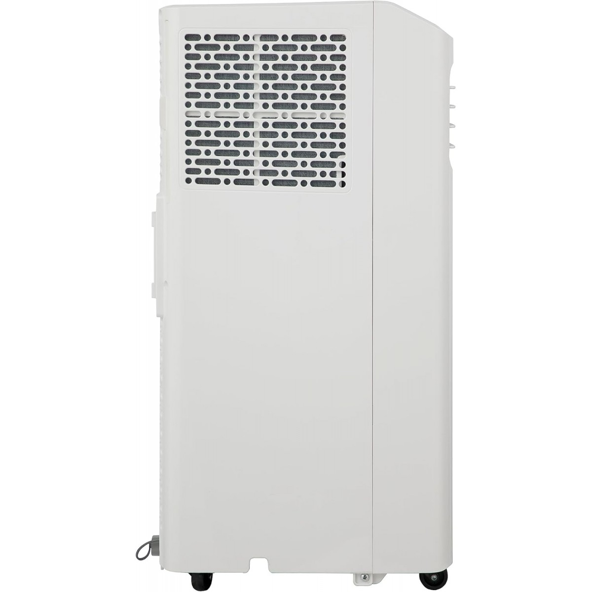 Biały przenośny klimatyzator z otworem wentylacyjnym i kółkami, widok z boku.