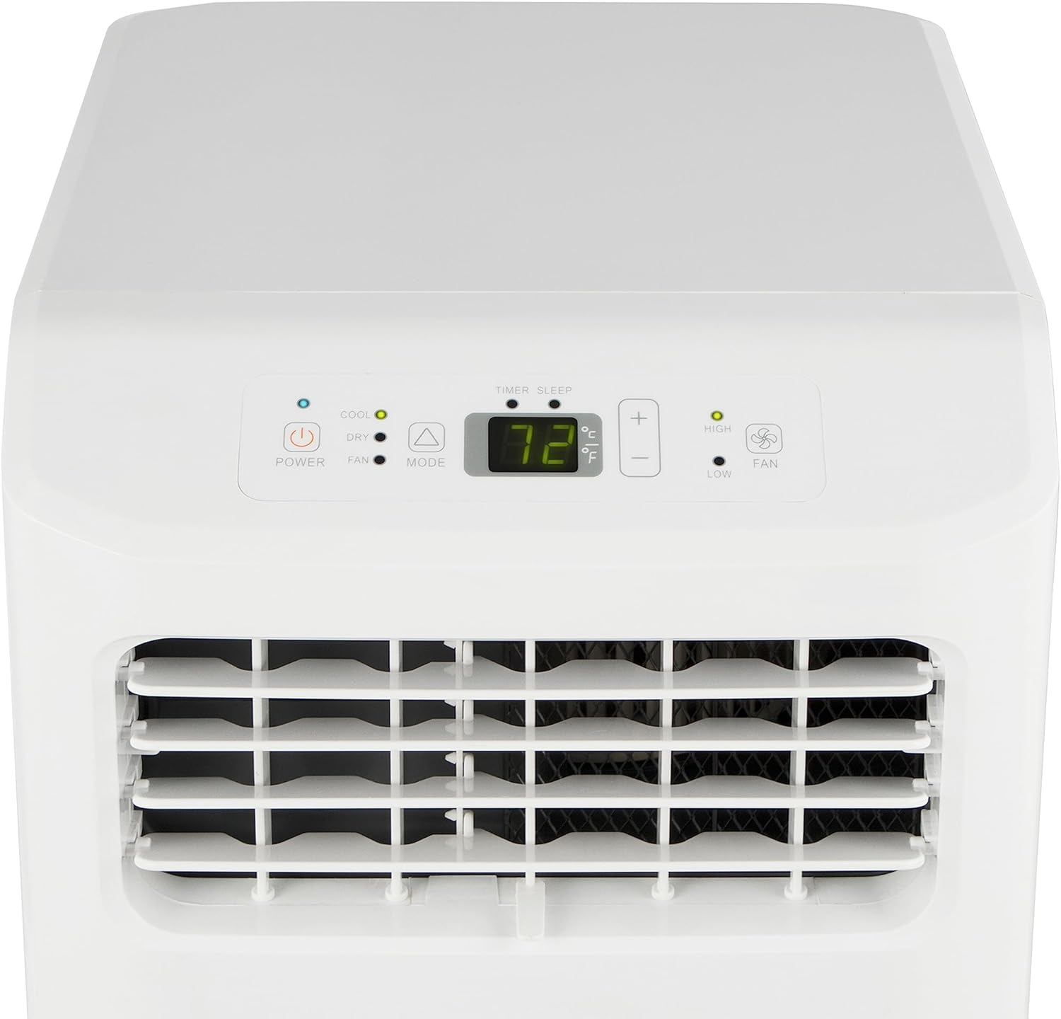 Biały przenośny klimatyzator. Posiada wyświetlacz cyfrowy i przyciski sterowania. Przód ma otwór wentylacyjny.