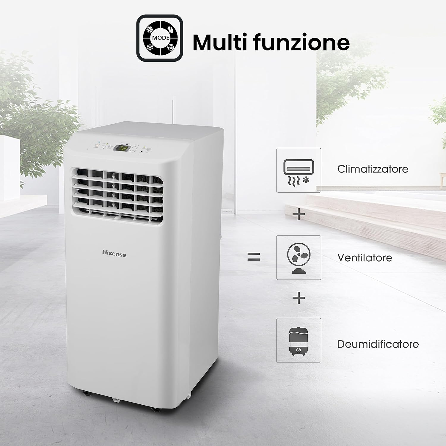 Biały przenośny klimatyzator Hisense z panelem sterowania.