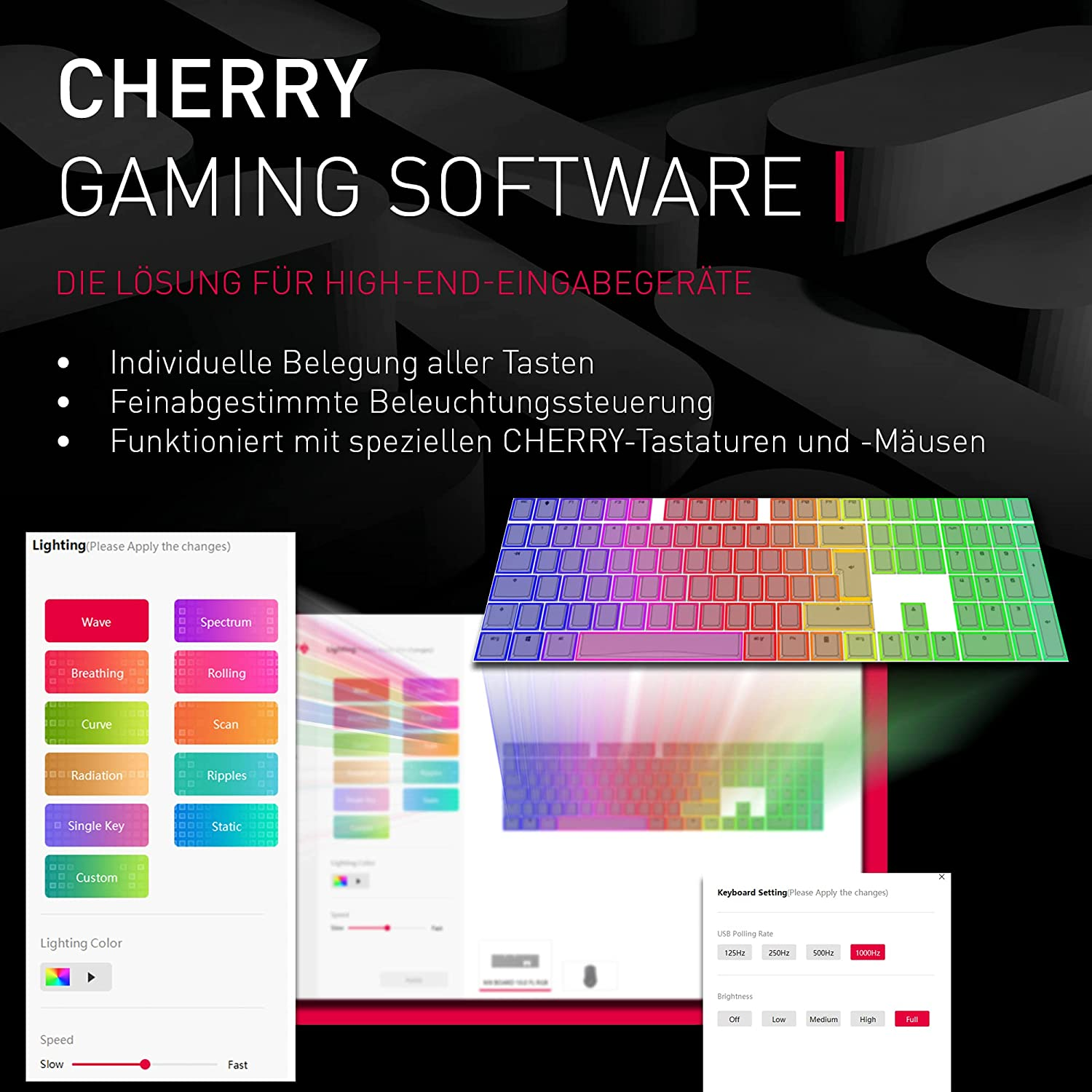 Interfaccia di personalizzazione della tastiera con tasti colorati e impostazione luminosità.
