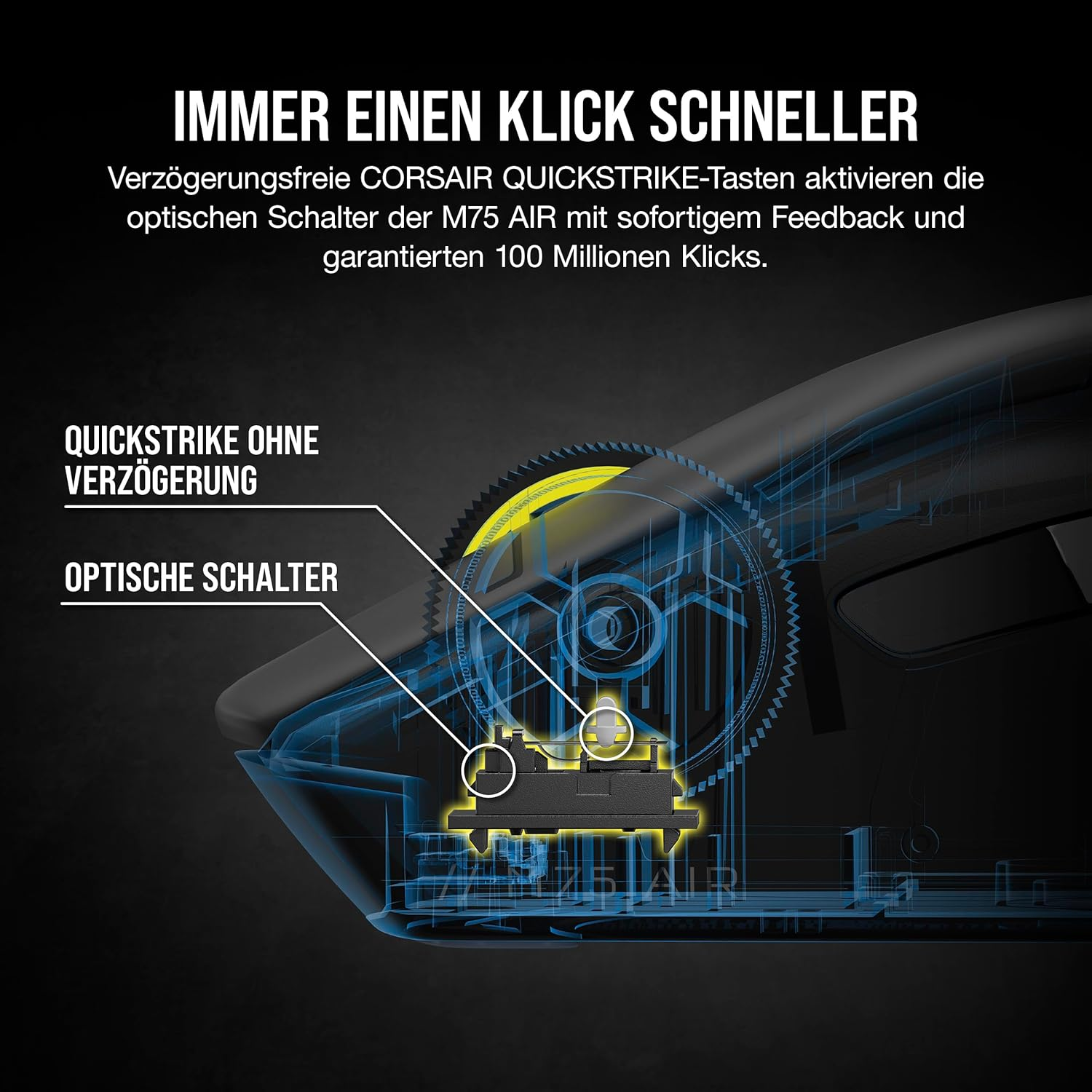 Zbliżenie myszy z podświetlonymi elementami wewnętrznymi, tekst o Quick Strike i przełącznikach optycznych.