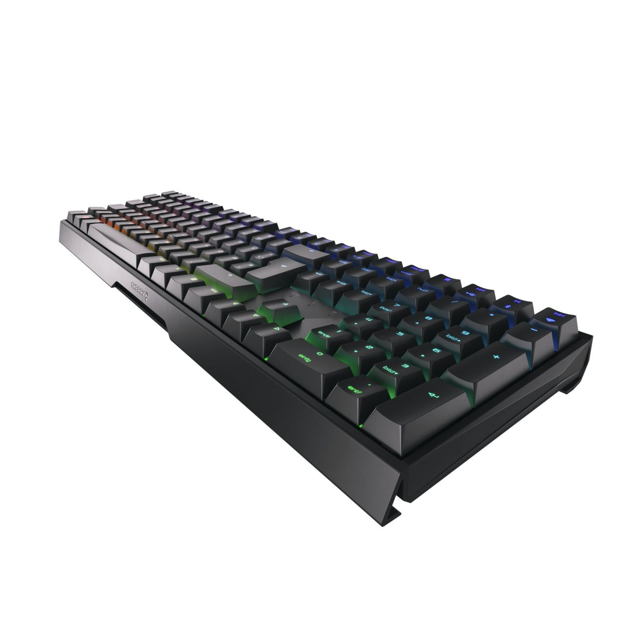 Eine schwarze mechanische Tastatur mit farbigen, hintergrundbeleuchteten Tasten, schräge Ansicht.