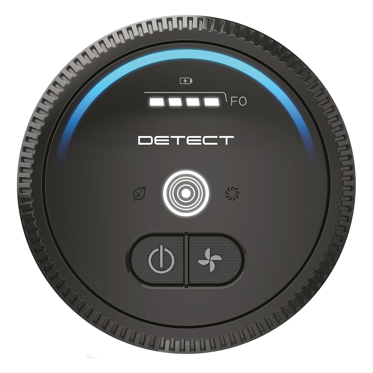 Top view of a black air purifier. Shows the control panel with buttons and a blue light ring.