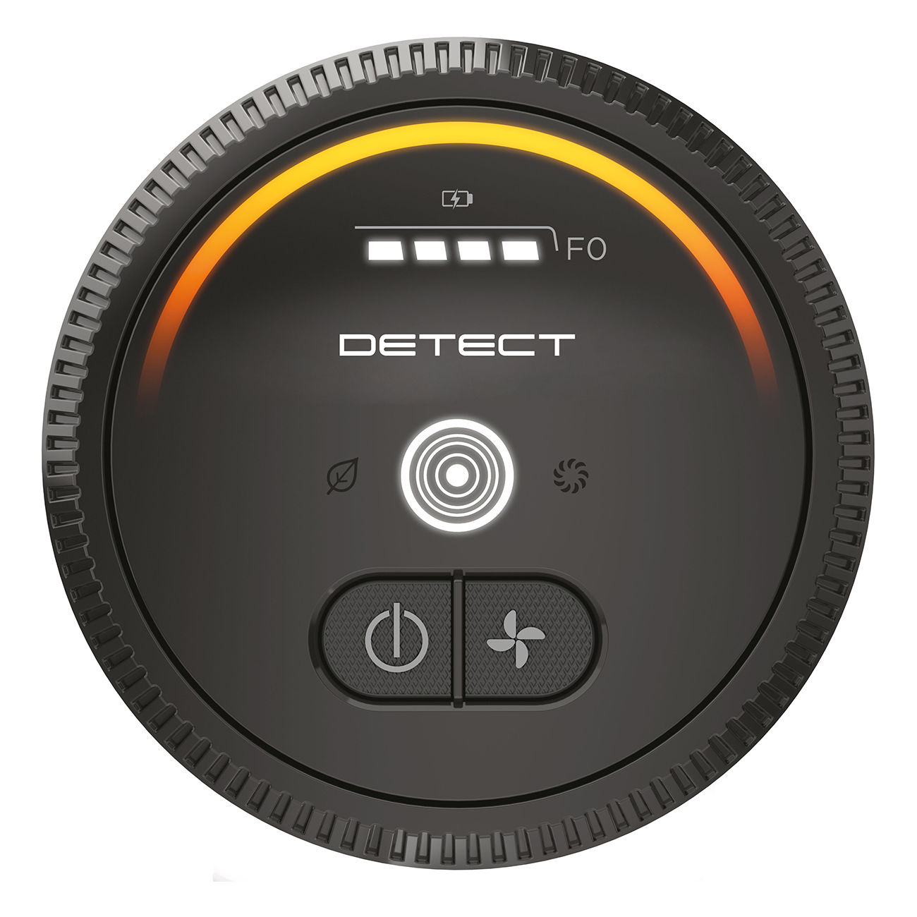 Black and orange air purifier control panel with buttons and a display, showing battery level.