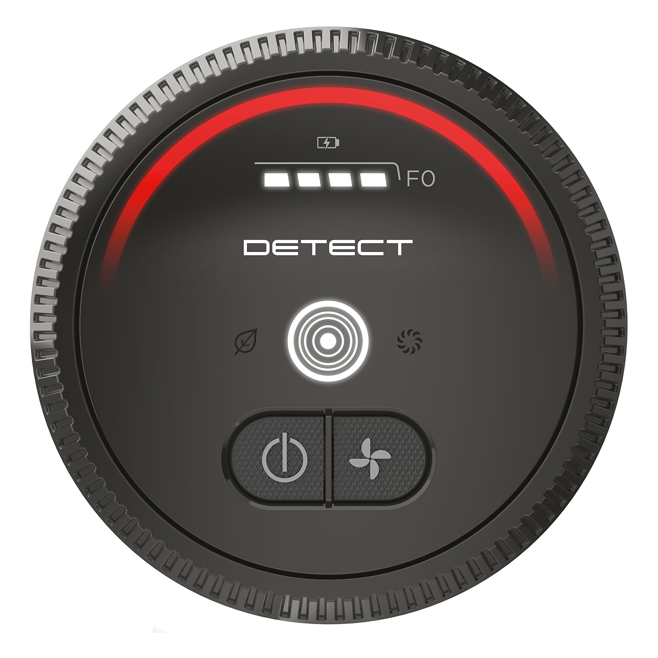 A black air purifier control panel with power, fan, and other indicator lights arranged in a circle.