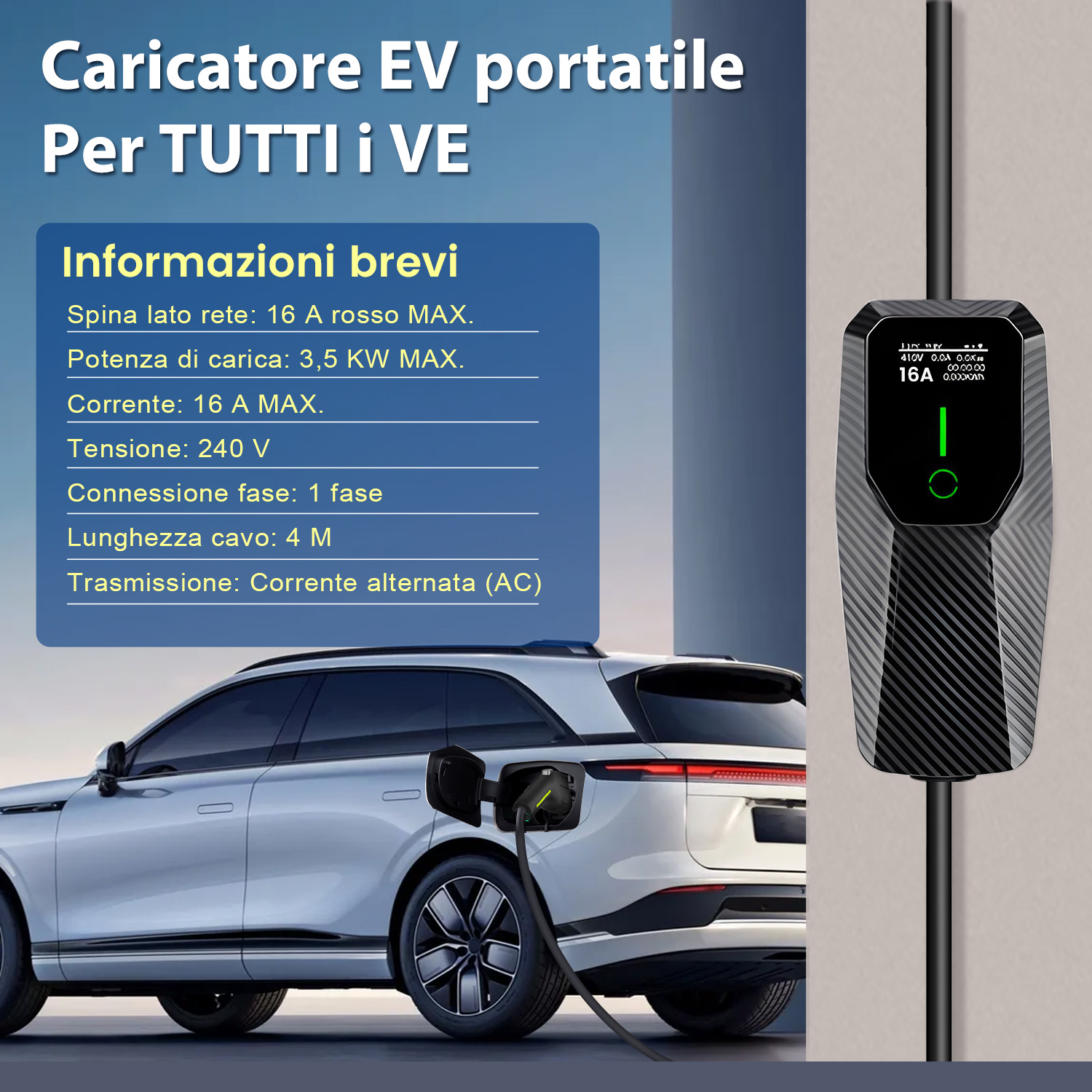 Un caricatore EV portatile collegato a un'auto, con dettagli su potenza, corrente e tensione.