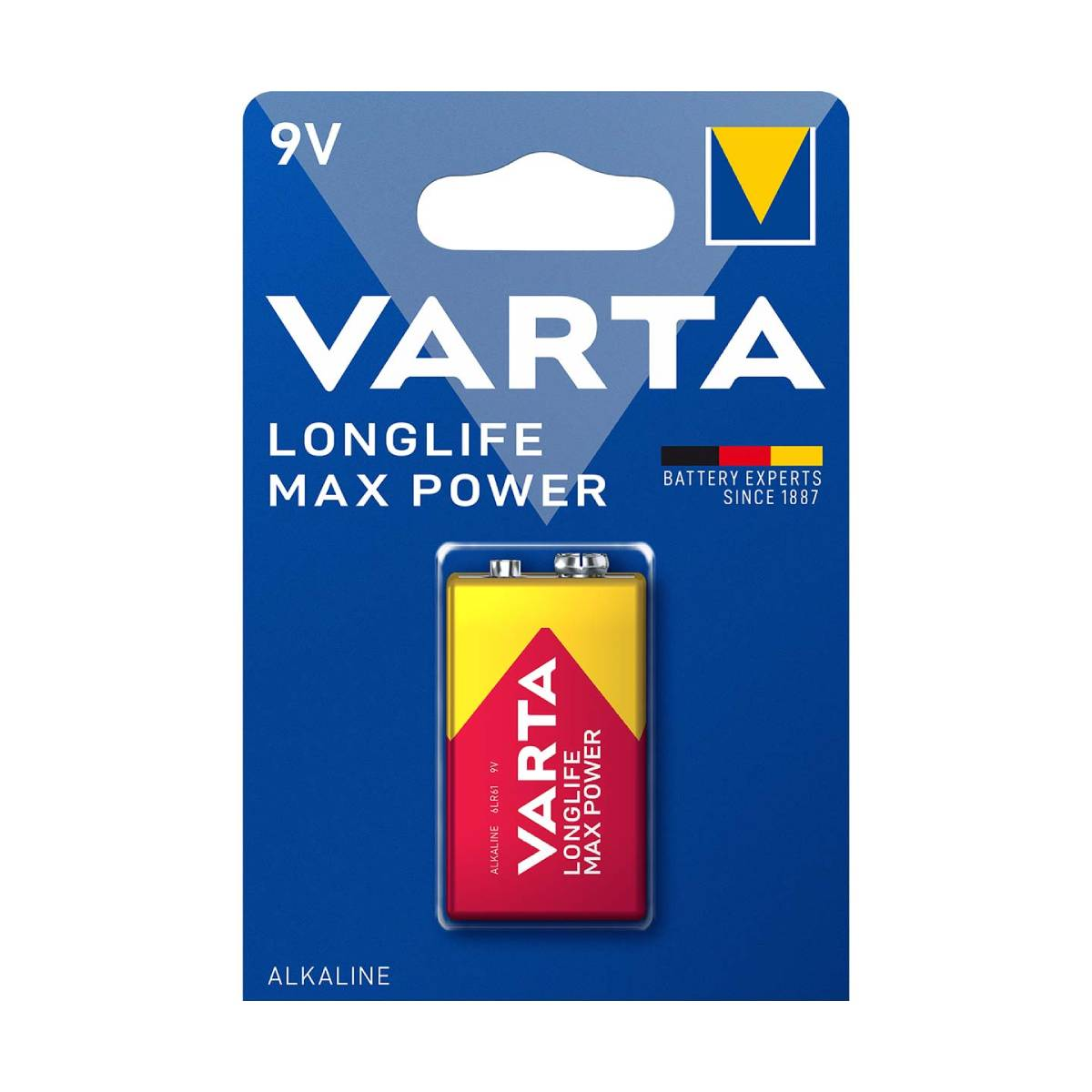 Varta 9V-Batterie in einer blau-gelben Verpackung. Die Batterie ist alkalisch.