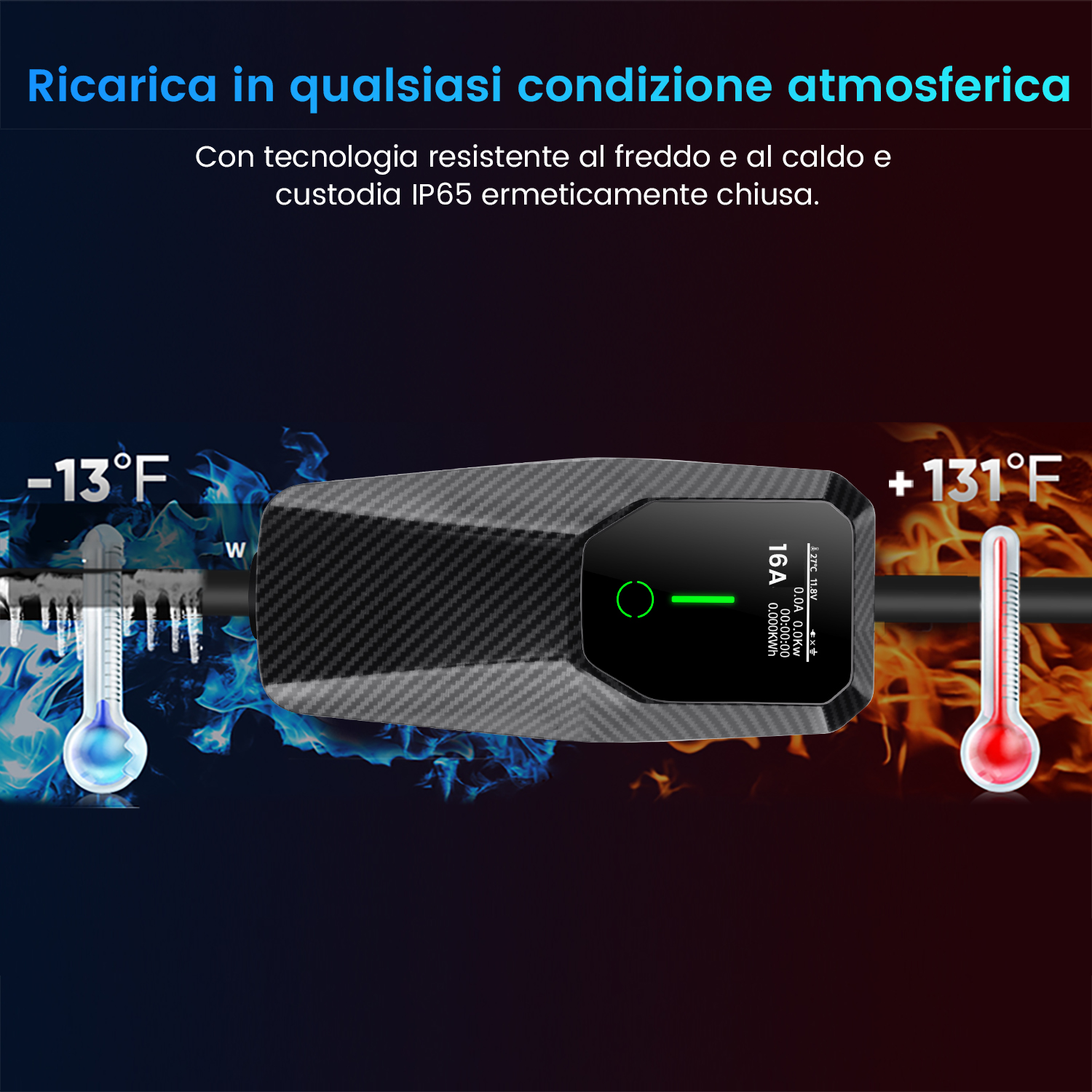 Un dispositivo con schermo, con termometri che indicano temperature estreme. Il dispositivo è nero e grigio.