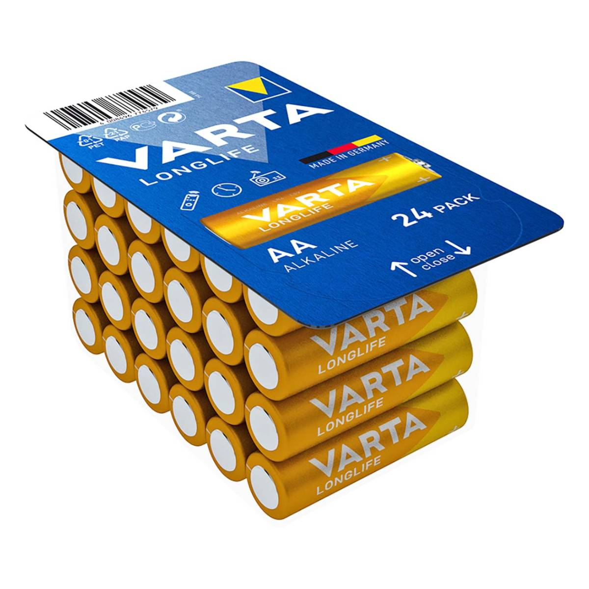Confezione di batterie Varta AA, oro e bianche, confezione da 24, su sfondo bianco.