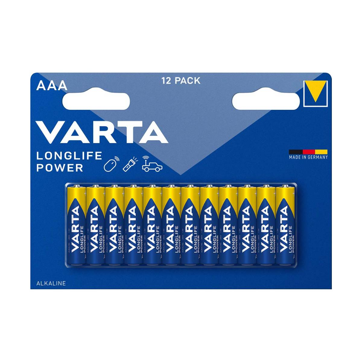 Un pacco di batterie Varta Longlife Power AAA, confezione da 12, su sfondo blu e bianco.