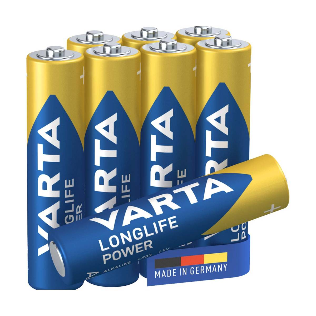 Zeven AA-batterijen in een verpakking, met blauwe en gouden labels, één batterij apart.